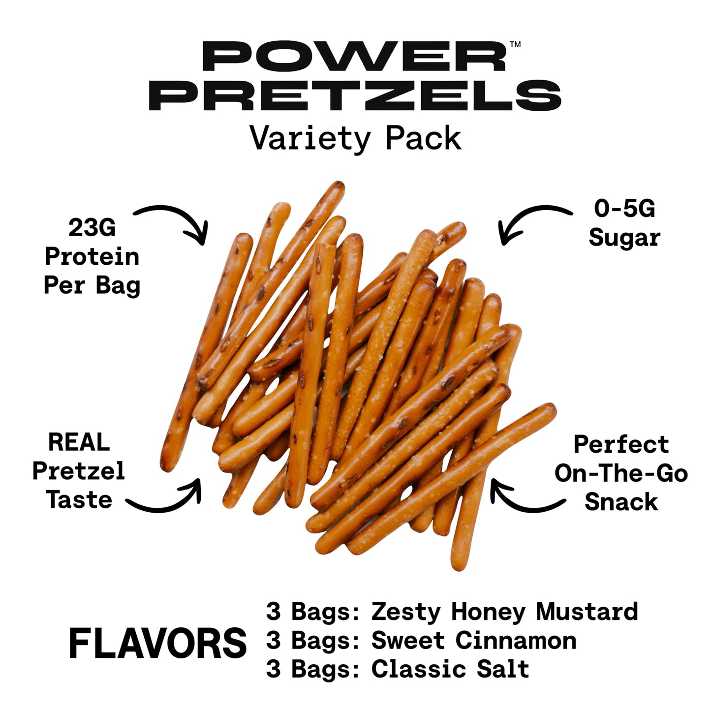 Power Pretzels - Variety Pack, 9 Count, 23g Protein per Bag, Vegan Friendly and Plant-Based, (3) Cinnamon, (3) Honey Mustard, (3