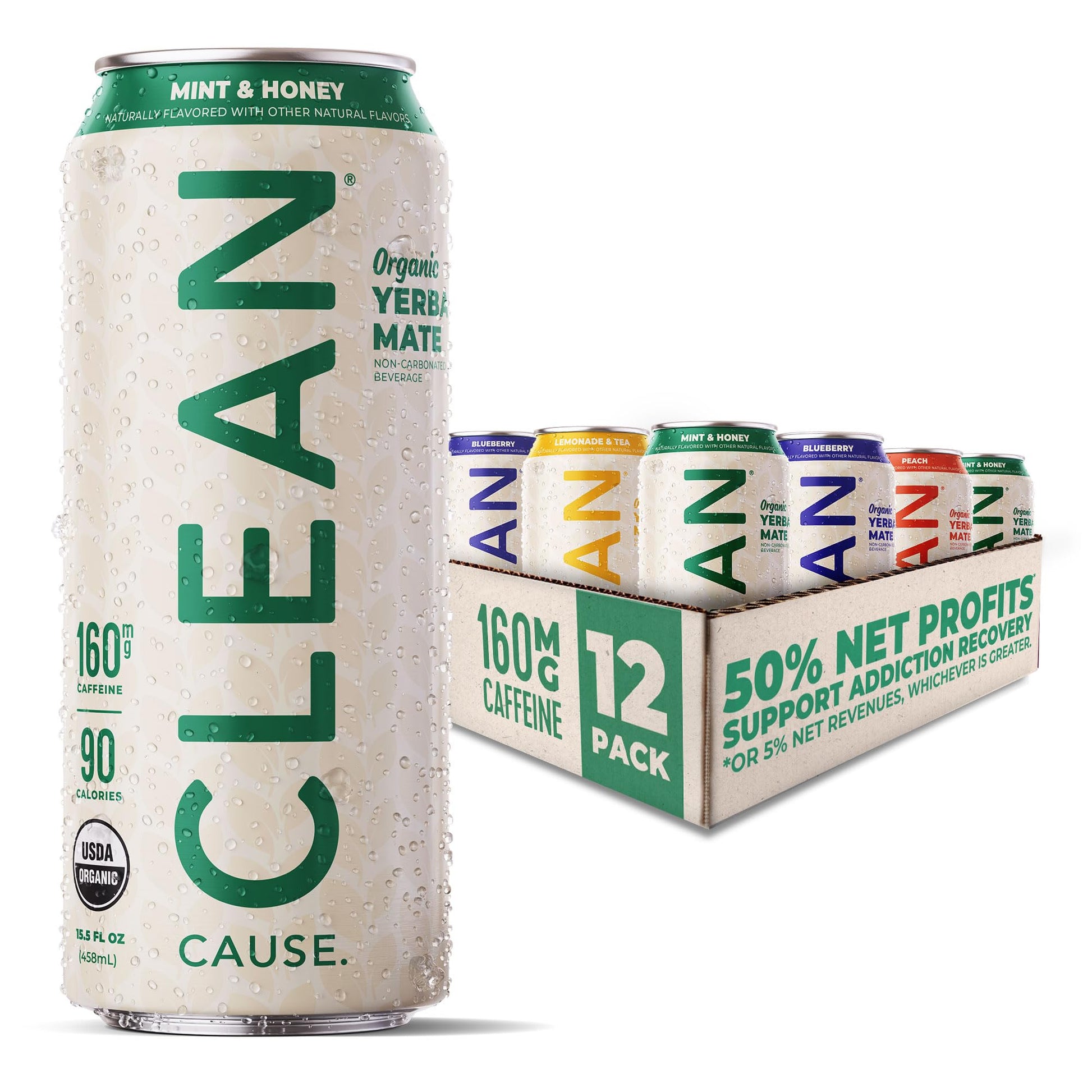 CLEAN CAUSE Organic Yerba Mate Tea Variety Pack, 12-Pack Case, Non-Carbonated, 15.5oz Cans, 160mg Caffeine