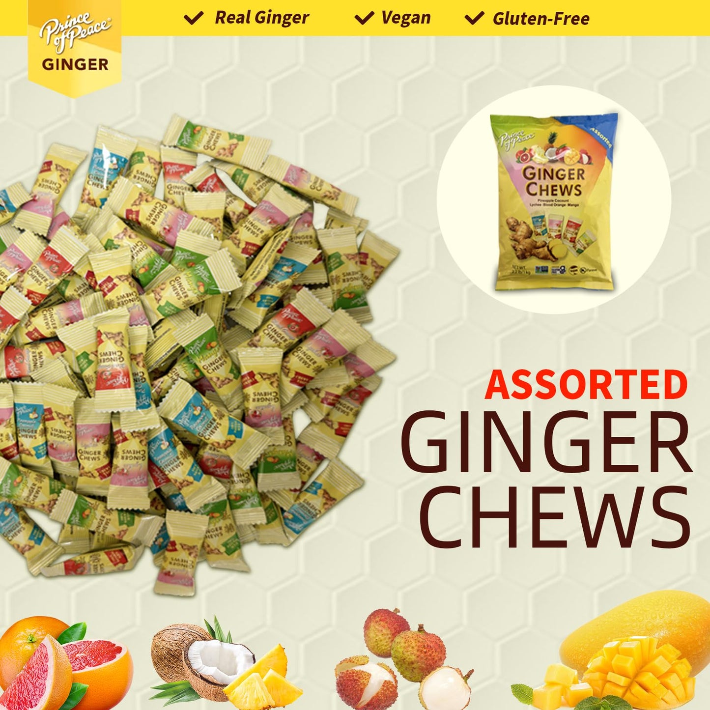 Prince Of Peace Ginger Chews Assorted Flavors (Mango, Blood Orange, Pineapple Coconut, Lychee) Candied Ginger - Candy Pack - Gin