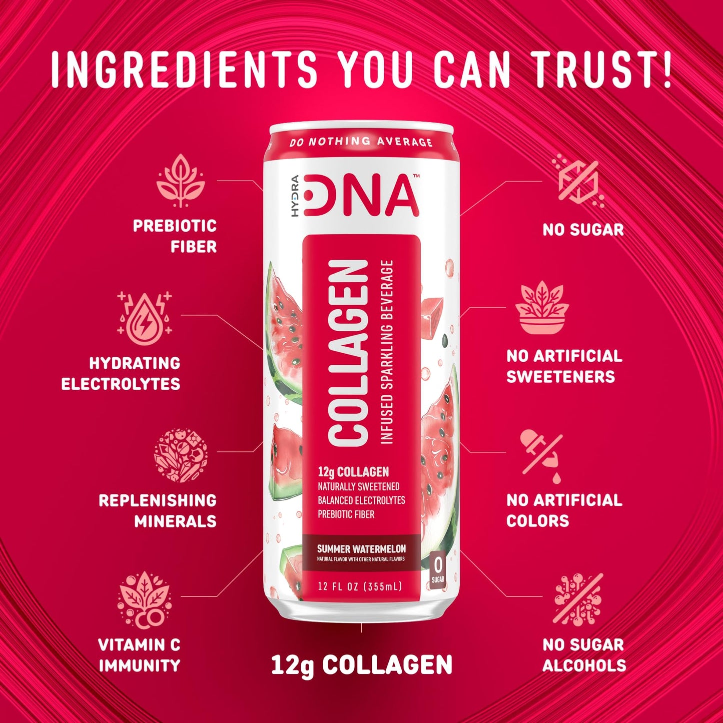 HYDRADNA Sparkling Liquid Collagen Protein Water - Sugar-Free, Keto-Friendly, 12 Fl Oz (Pack of 12), Watermelon Flavor