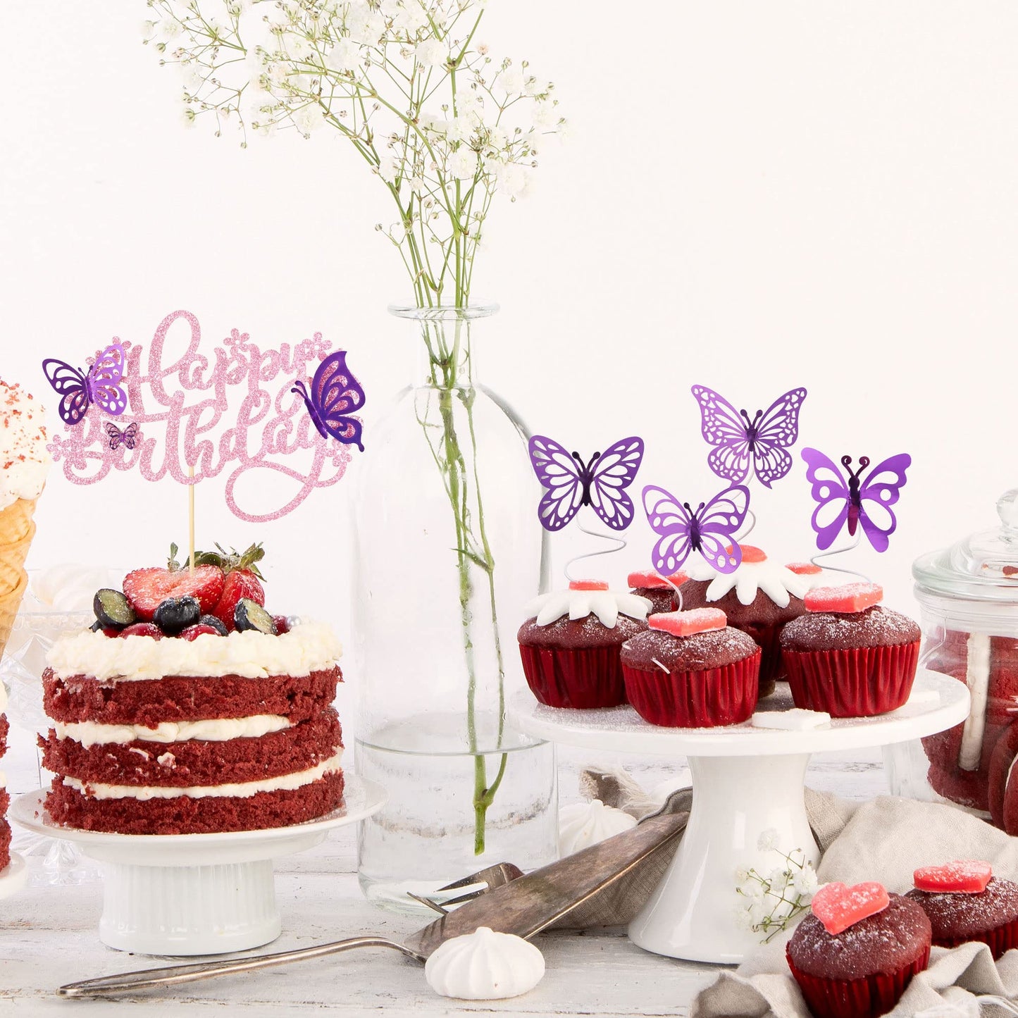 Ephlyn 25Pcs Butterfly Happy Birthday Cake Topper Purple 3D Cupcake Toppers Decorations For Girls Women'S Party Pink