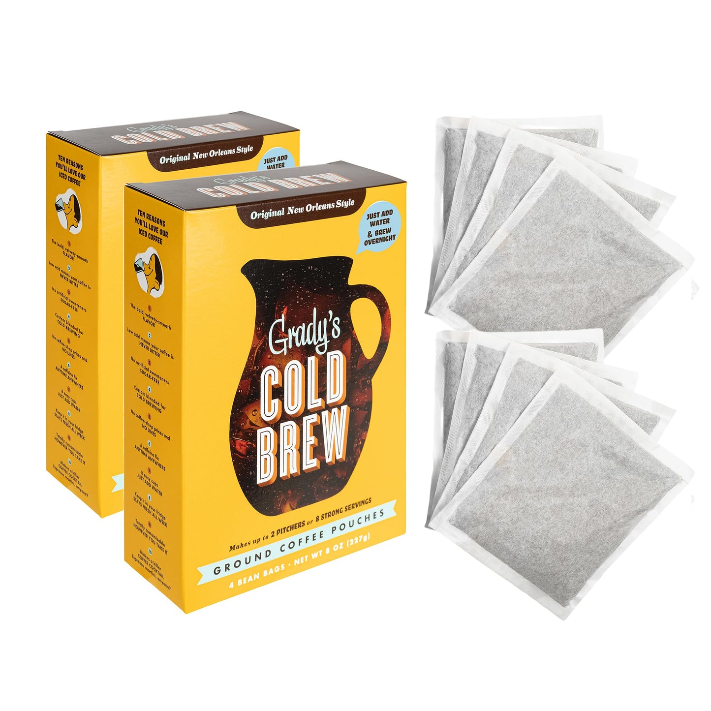 GRADYS COLD BREW, New Orleans Style, 100% Arabica Ground Coffee & Chicory Pouches, TWO Boxes of Four Easy-to-Brew Bean Bags, Mak