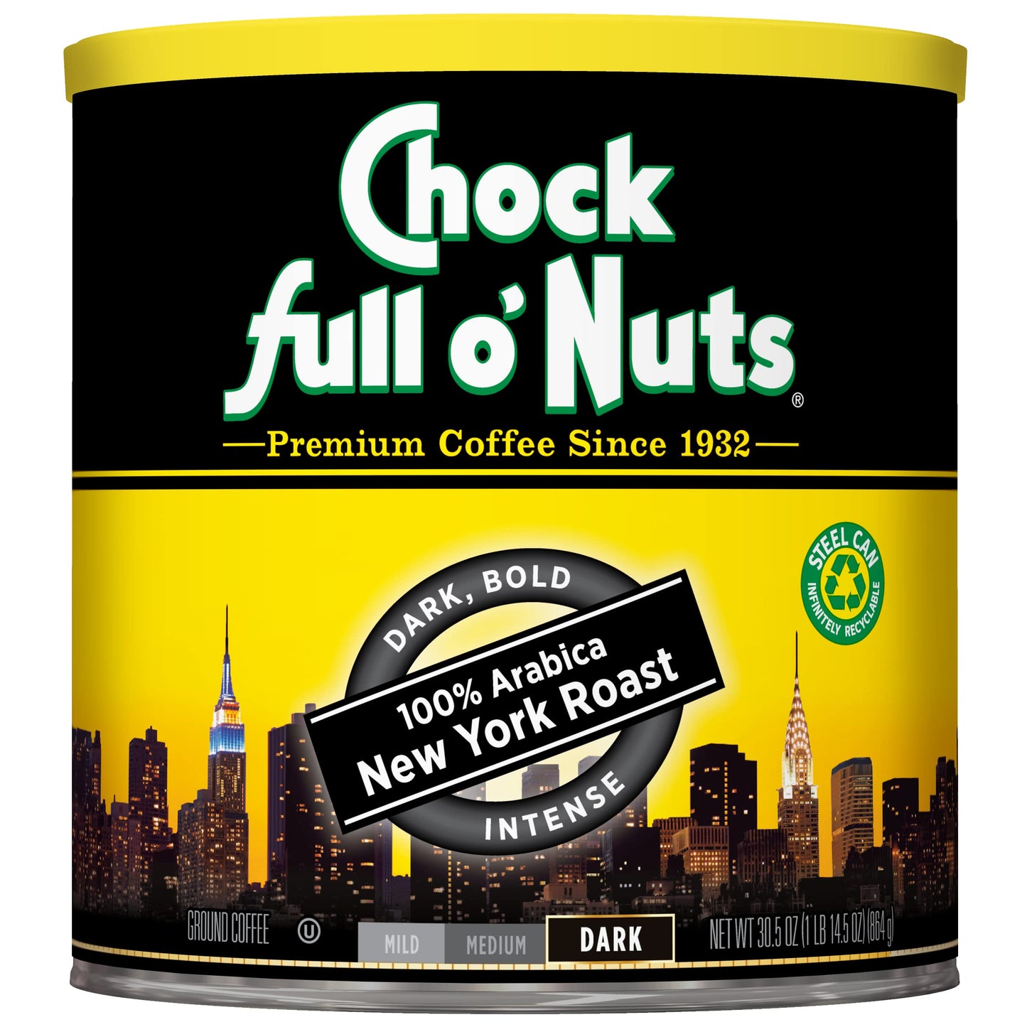 Chock Full oNuts New York Roast, Dark Roast Ground Coffee - Gourmet Arabica Coffee Beans - Bold, Full-Bodied and Intense Coffee 