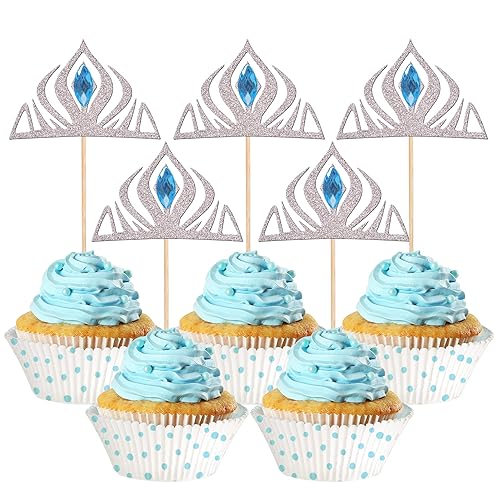 24 Pcs Princess Crown Cupcake Toppers With Crystal Winter Frozen Crown Cupcake Picks For Bridal Shower Wedding Baby Shower Birth
