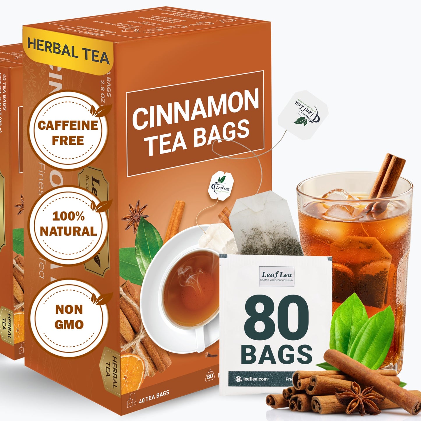 LeafLea Cinnamon Tea Bags - 100% Natural Herbal Tea, Caffeine-Free, Sugar-Free, 80 Count (2-Pack)