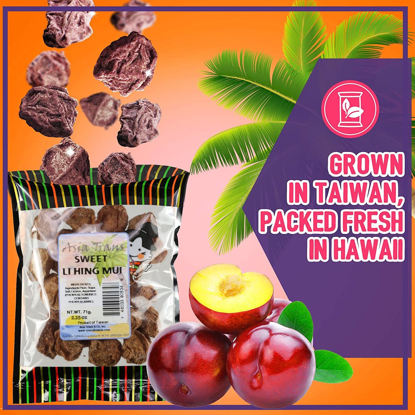 Snack Hawaii Sweet Seeded Li Hing Mui   Seed Plums - Naturally Sweet Dried Asian Plum Candy - 2.25 Ounce