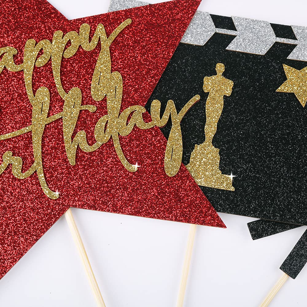 Qertesl Happy Birthday Movie Cake Topper,Movie Night Cupcake Toppers Decoration,Hollywood Theme Cake Party Decoration.