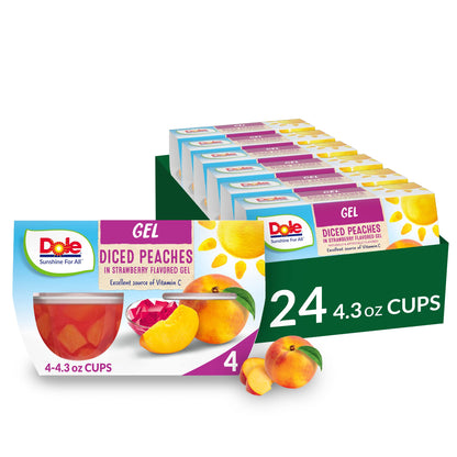 Dole Fruit Bowls Peaches in Strawberry Flavored Gel Snacks, 4.3oz 24 Total Cups, Gluten & Dairy Free, Bulk Lunch Snacks for Kids