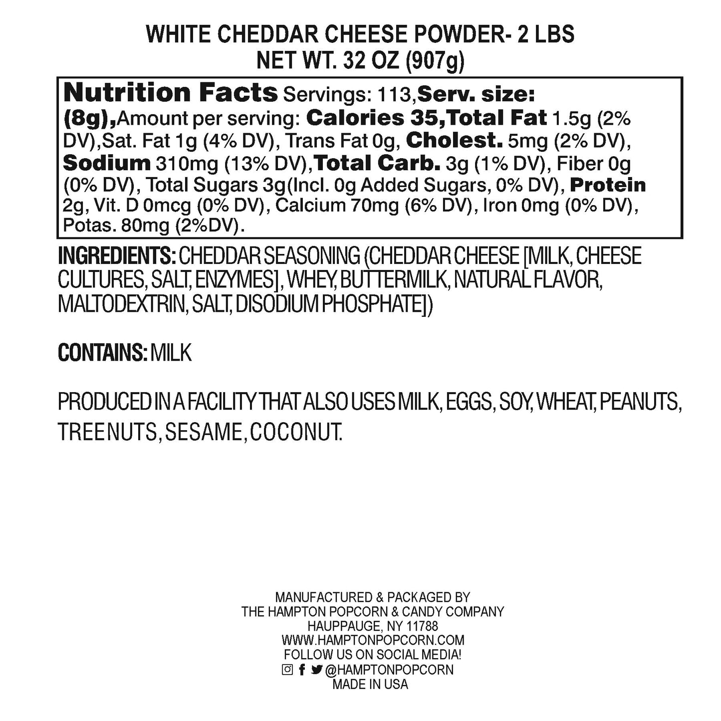 White Cheddar Cheese Powder, 2 Pound Resealable Jar, Popcorn Cheese Powder, Cheese Powder For Pasta, Cheese Sauce Mix