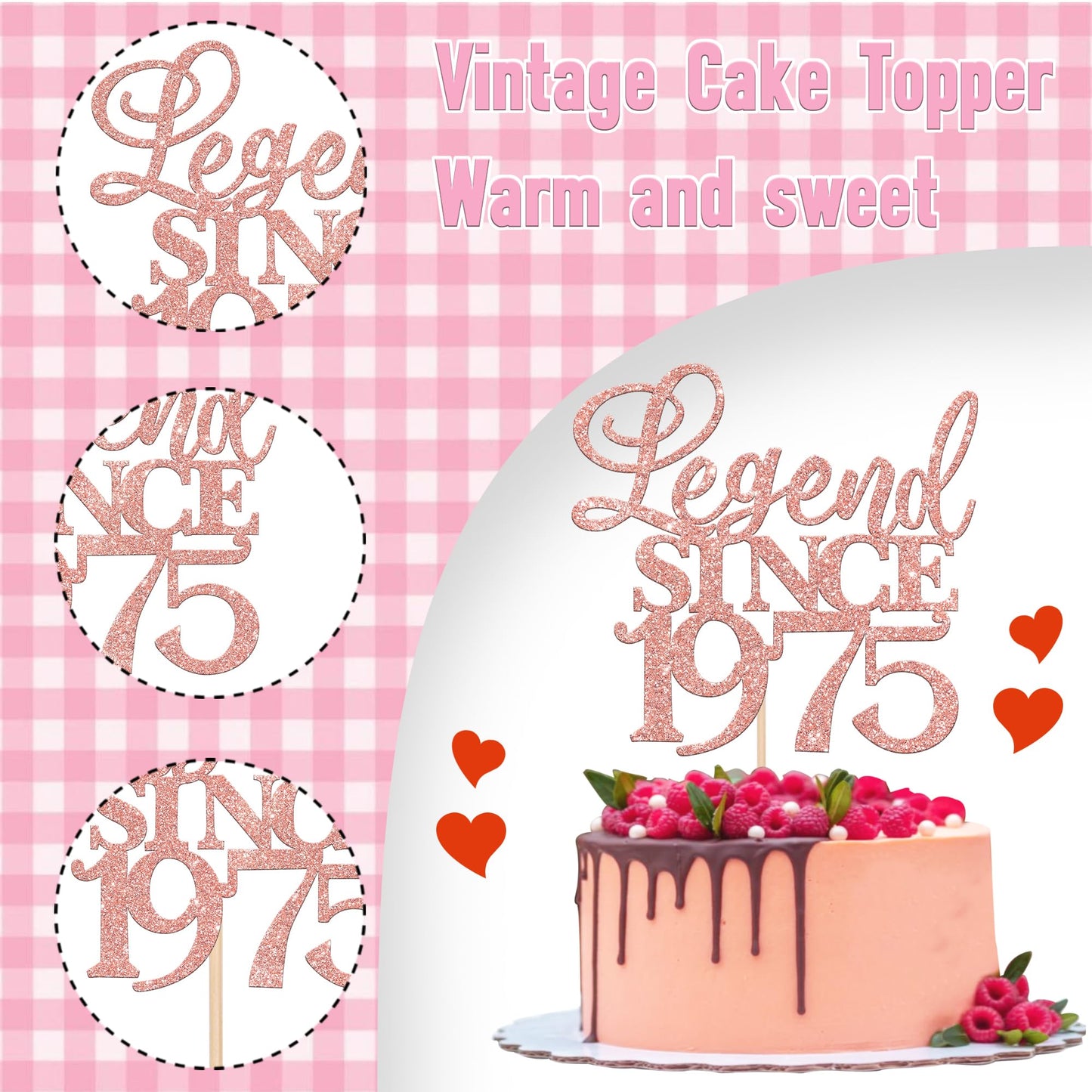 Rssta i Cake Topper Glitter Legend Since 1975, Rose Gold, Model XM310, for 50th Birthday and Anniversary Celebrations