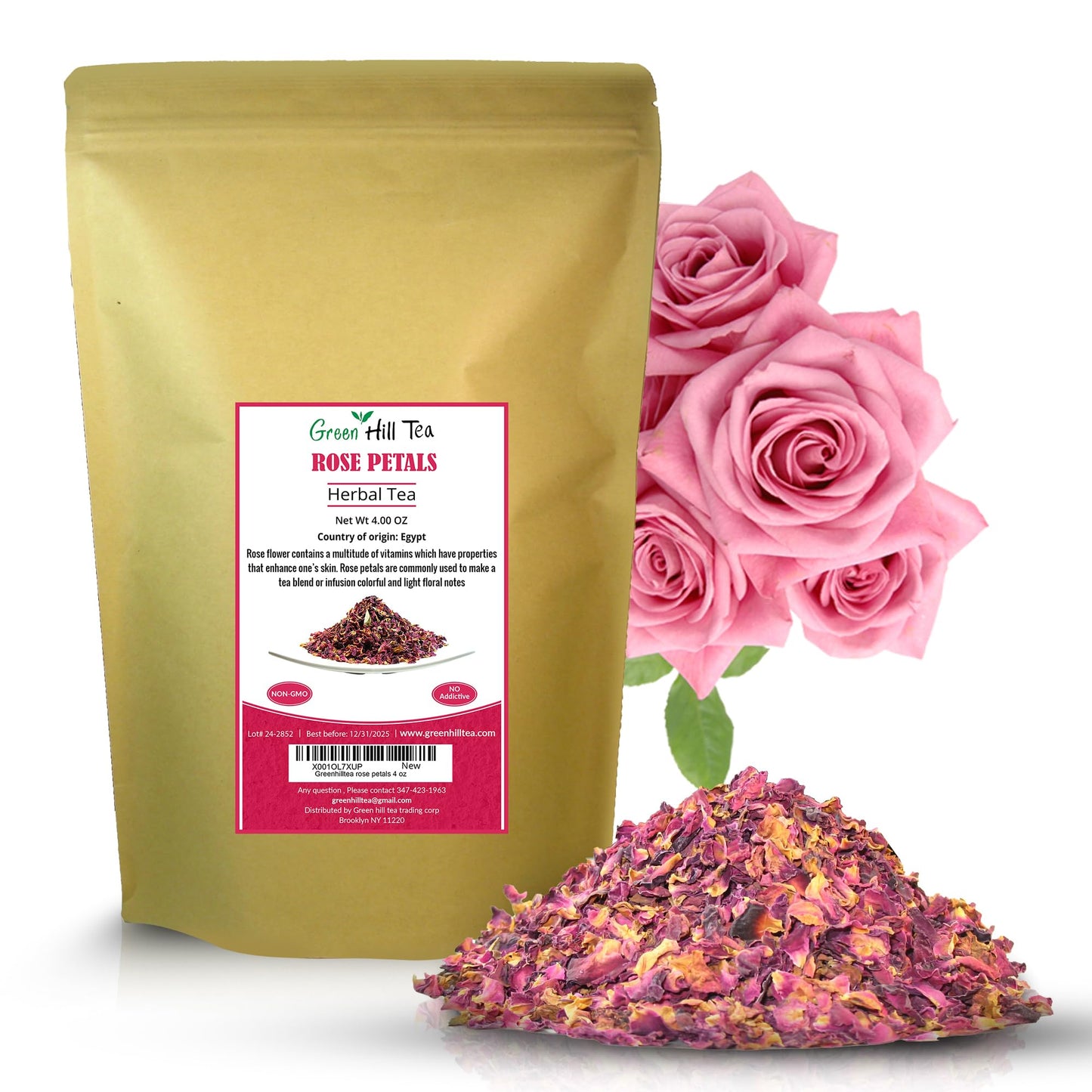 Greenhilltea Premium Dried Rose Petals - Edible Flowers for Drinks & Baking - 4 OZ - Caffeine Free Herbal Tea Infusions