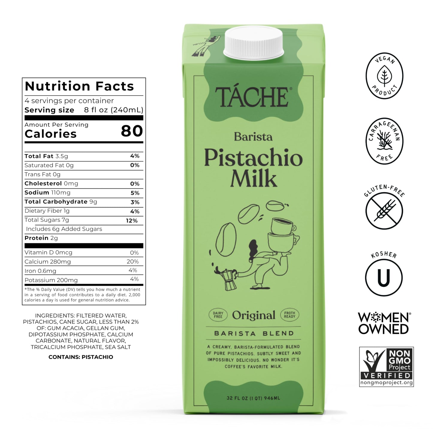 T  che Pistachio Milk - Plant Based Nut Milk & Pistachio Creamer - Rich, Smooth, Barista Blend, Lightly Sweetened, Non Dairy Cre