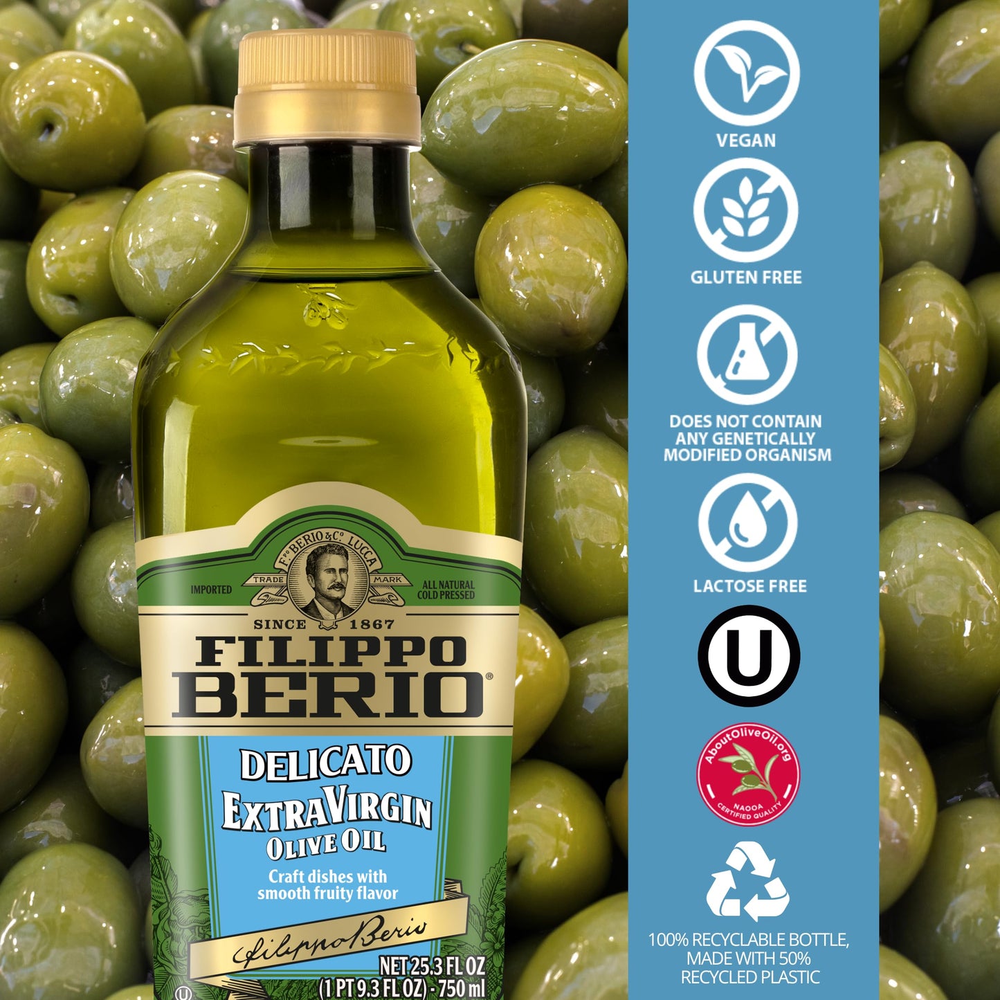 Filippo Berio Extra Virgin Olive Oil, Delicato, 25.3 Ounce Rpet Bottle
