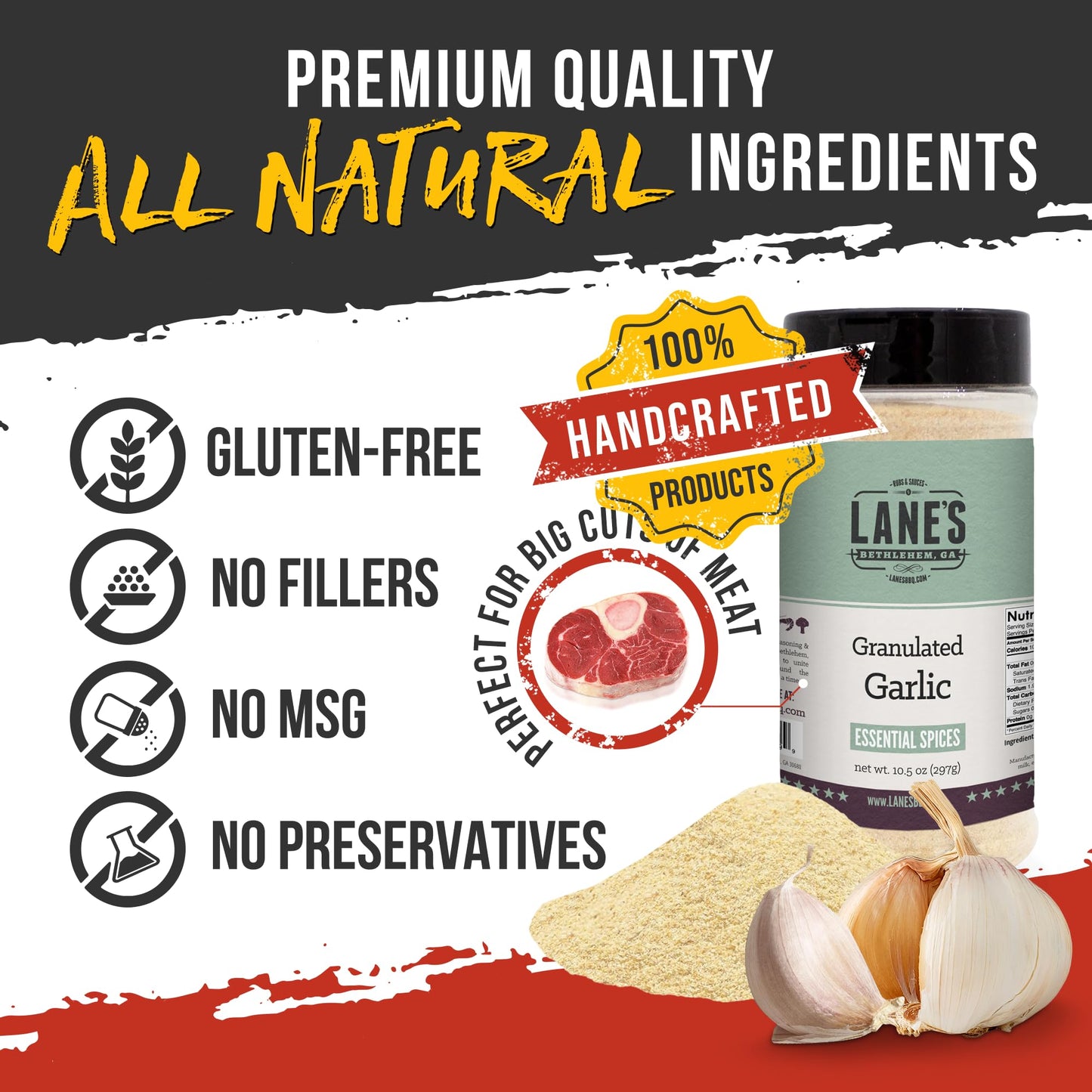 Lane'S Granulated Garlic, All-Natural Granulated Garlic Powder, Perfect For Sauces And Dry Rubs Garlic Seasoning, Made In Usa Ga