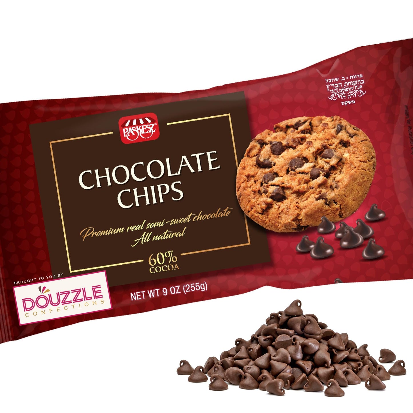 DOUzzle Dark Chocolate Chips for Baking - Premium 60% Cocoa Semi-Sweet (9 OZ - Pack of 1) Kosher Parve