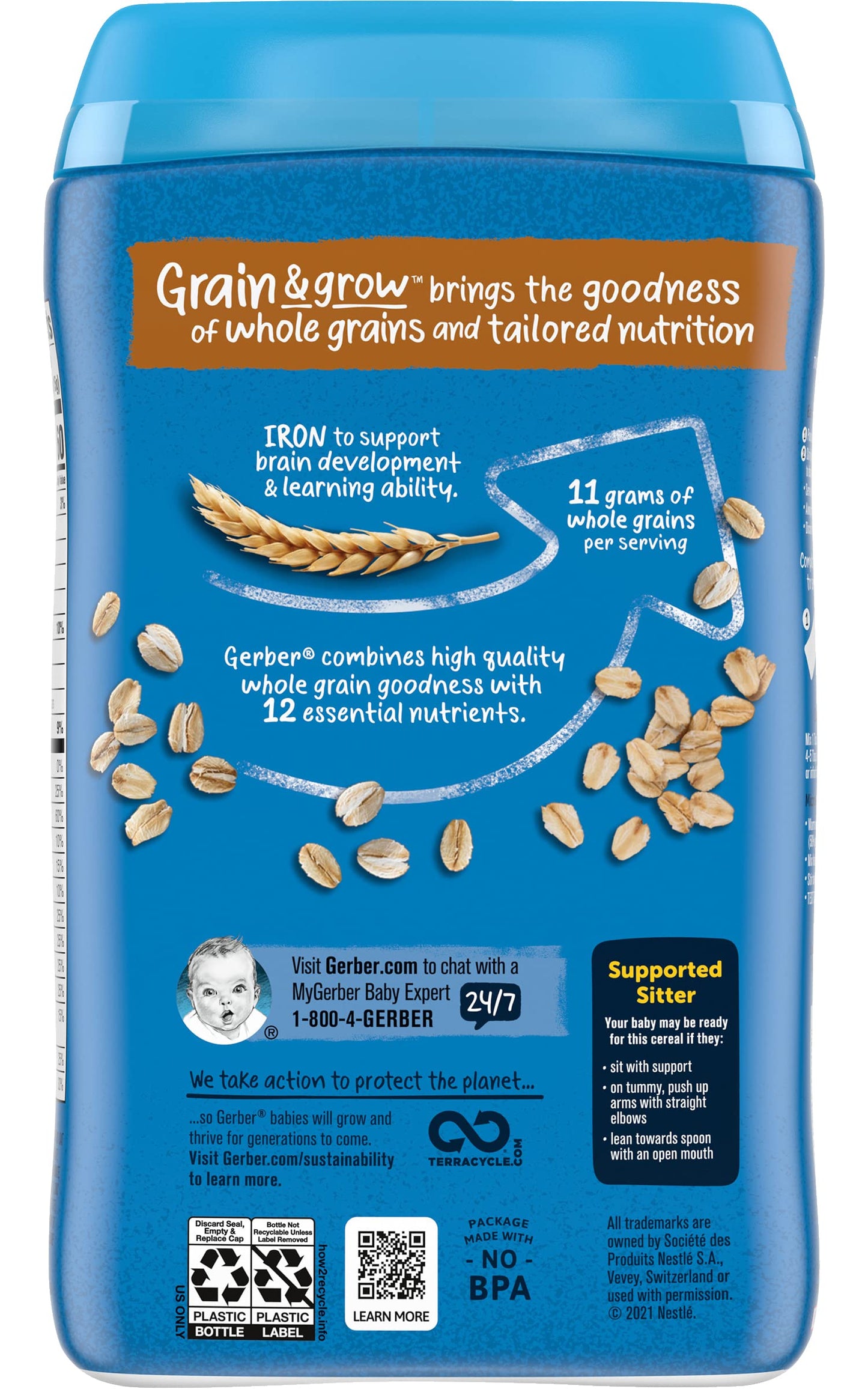 Gerber Cereal For Baby 1St Foods Grain & Grow Oatmeal Cereal, Made With Whole Grains & Essential Nutrients, Non-Gmo, For Support
