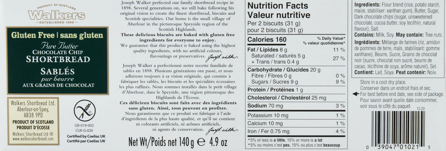 Walker's Shortbread Gluten Free Chocolate Chip Cookies, Pure Butter Shortbread Cookies, 4.9 Oz