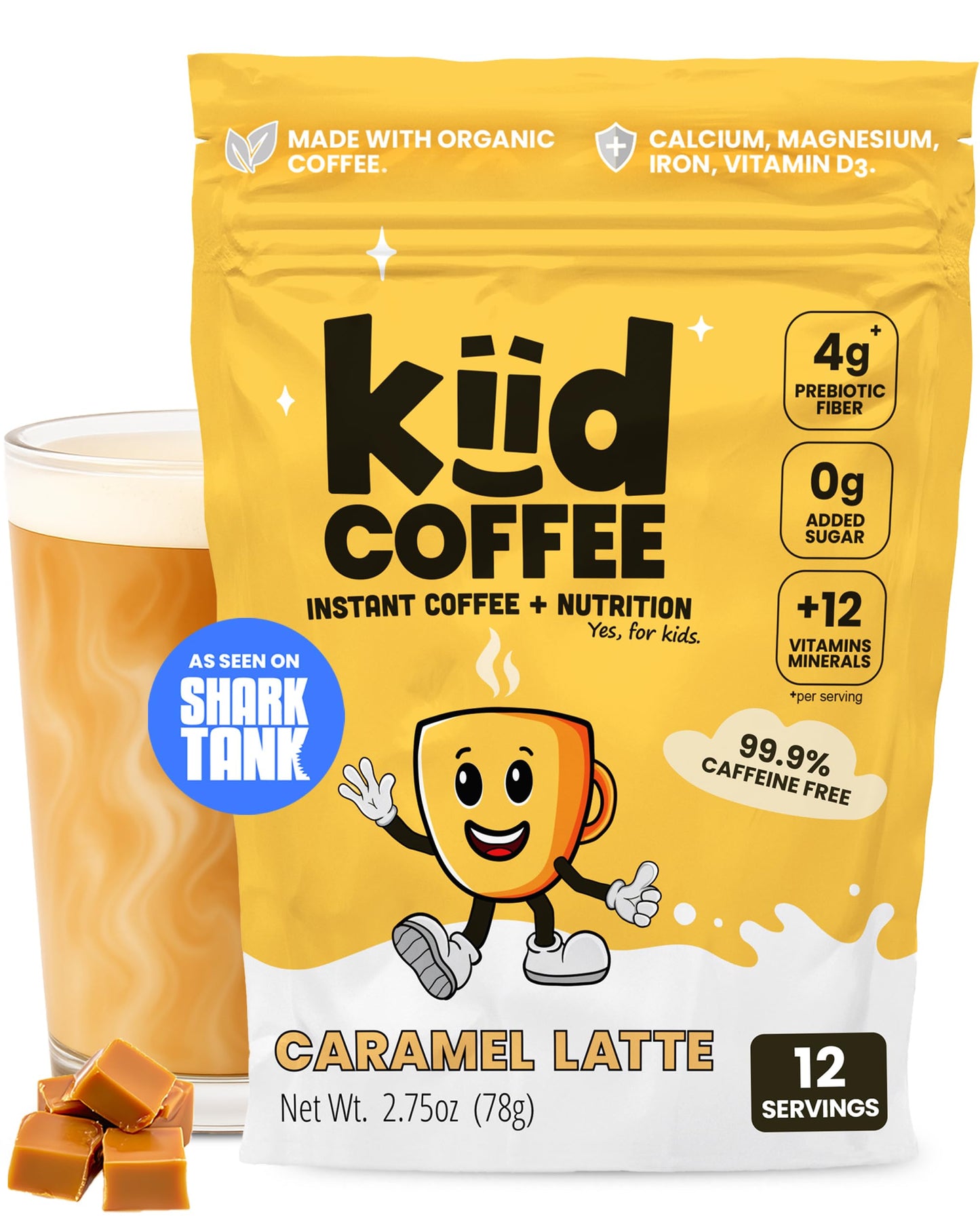 kiid Coffee - Caffeine-Free Organic Coffee for Kids - 12 Servings, 12 Vitamins & Minerals, Gluten-Free, Caramel Flavor