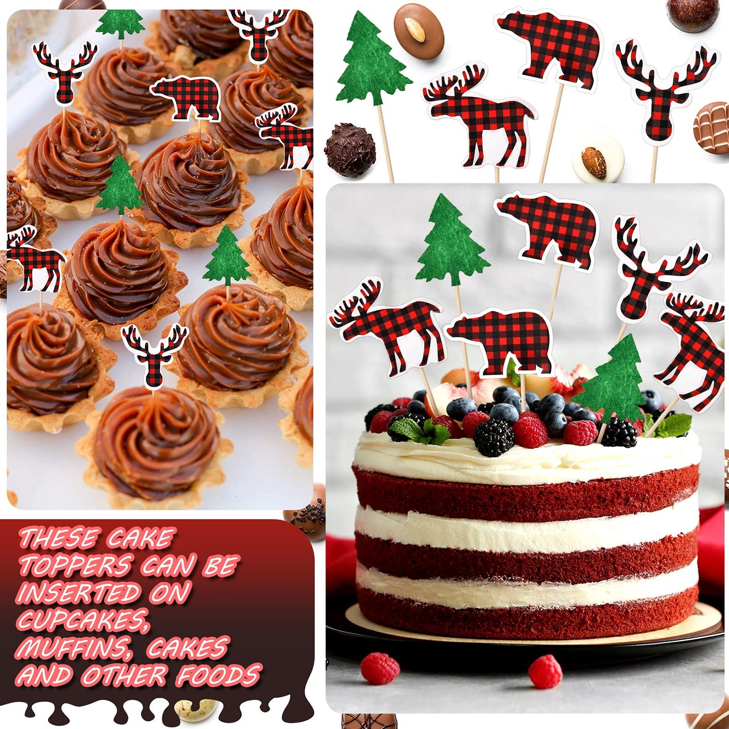 Outus Lumberjack Cupcake Toppers, 48 Pieces, Buffalo Plaid, Red/Black Baby Shower Decorations