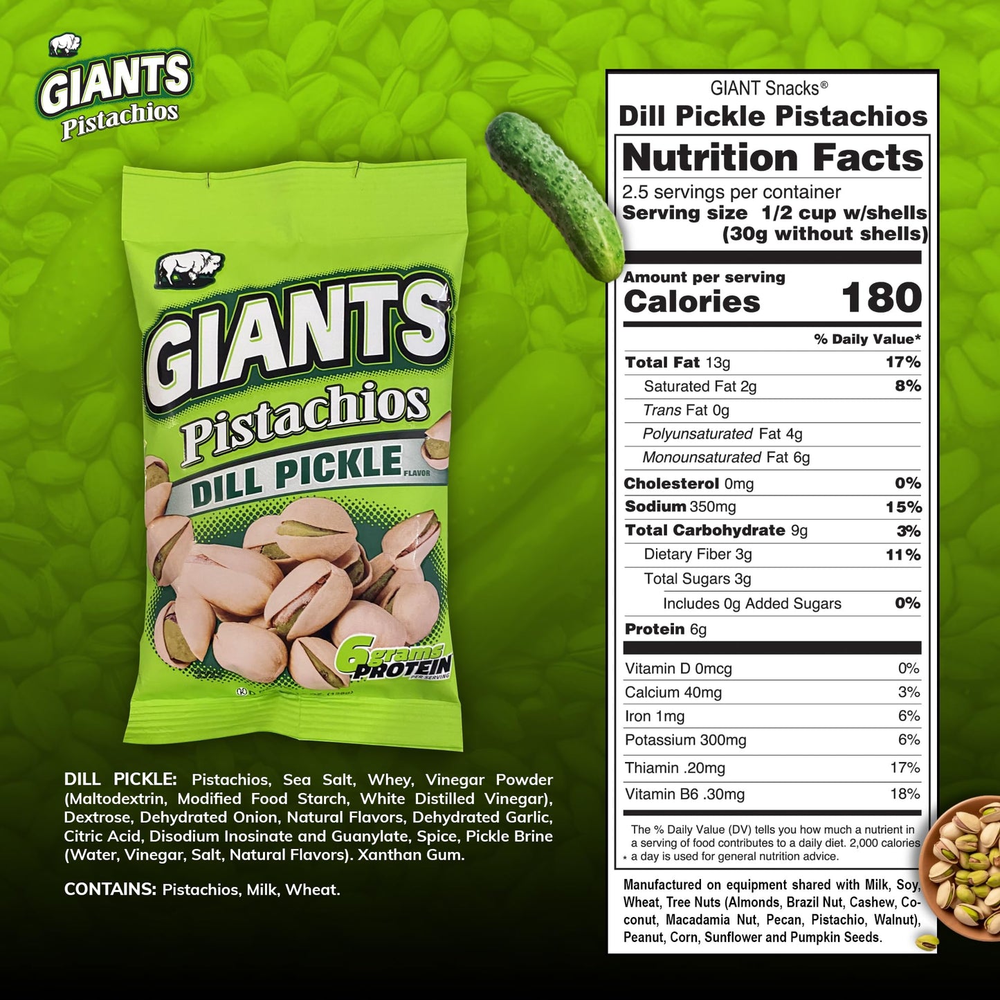 Giants Dill Pickle Pistachios - Healthy Snacks, In Shell Pistachios Individual Packs, High Protein Snack, Flavored Pistachio Nuts - 4.5 Oz Bags (Pack Of 6)