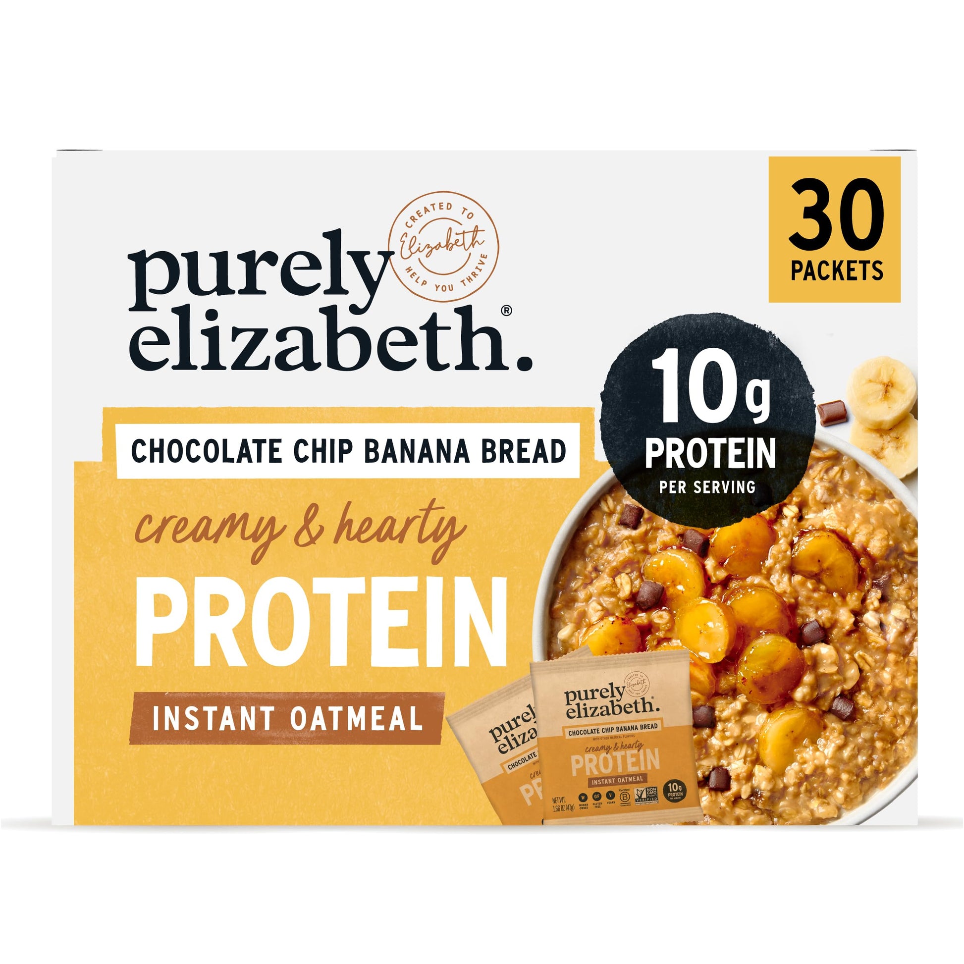 Purely Elizabeth Creamy & Hearty Protein Instant Oatmeal  Chocolate Chip Banana Bread  Vegan Friendly  Organic  Gluten Free & Non-GMO  5 Count  8.3 Ounce (Pack of 6)