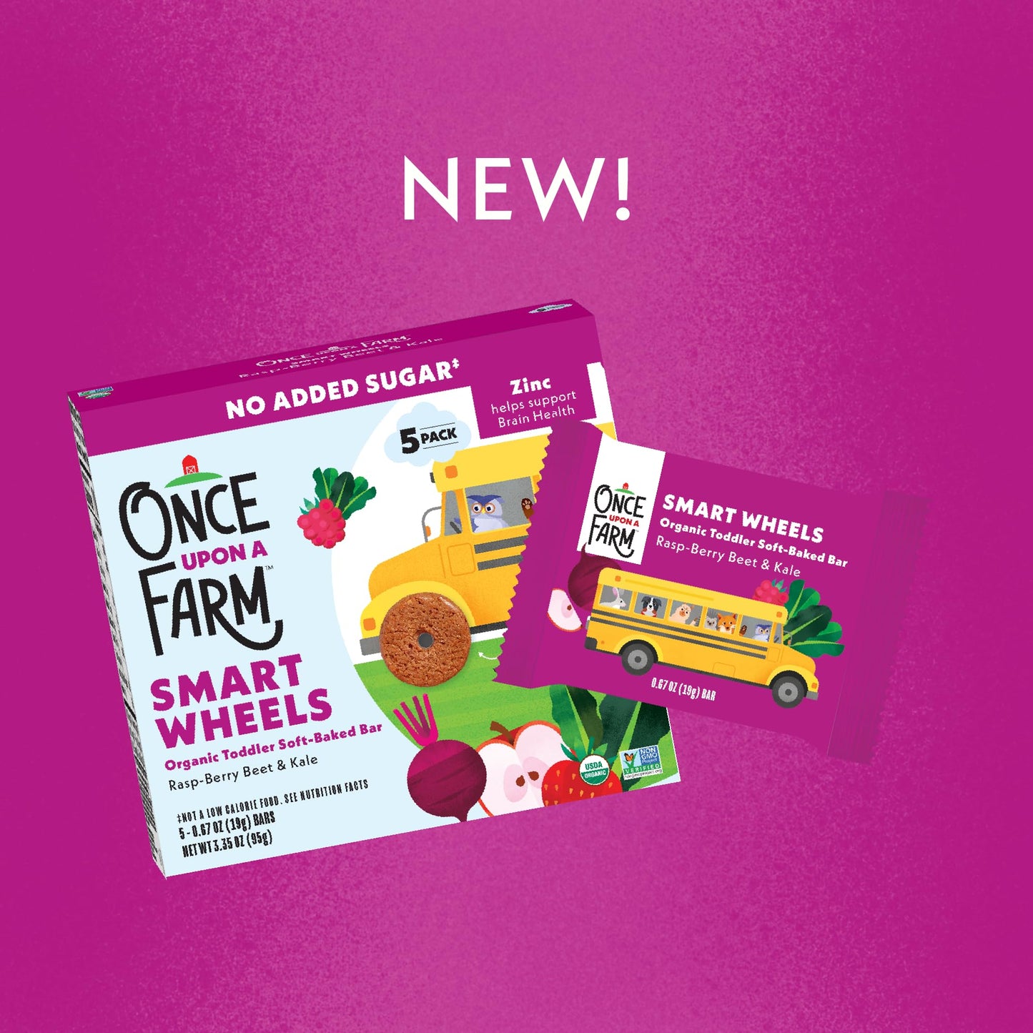 Once Upon A Farm Smart Wheels Organic Toddler Soft-Baked Bar, Rasp-Berry Beet & Kale, No Added Sugar, Kosher, USDA Certified Org