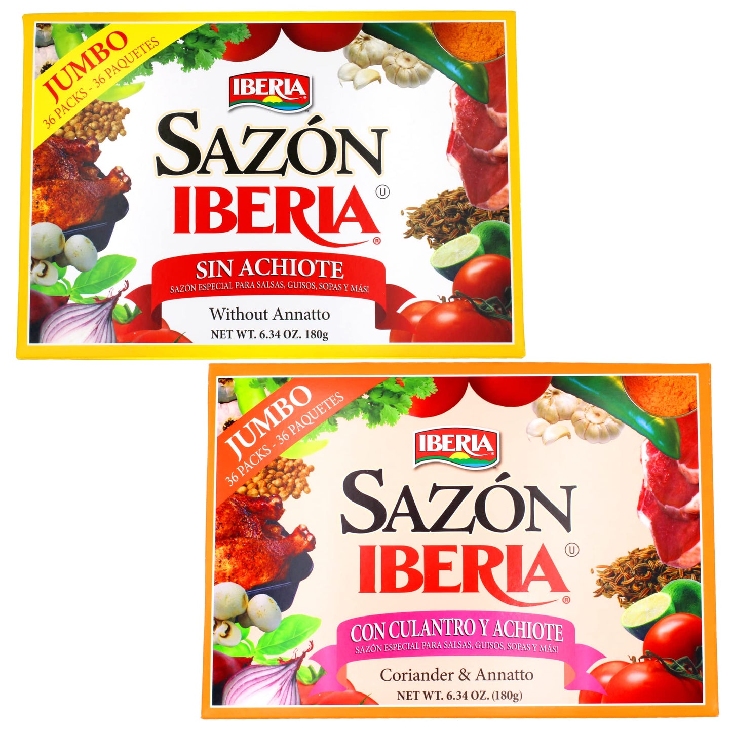 Iberia Sazon Seasoning Without Achiote,6.34 Oz, 36 Pack + Iberia Sazon with Coriander and Achiote, 6.34 Oz 36 Packs