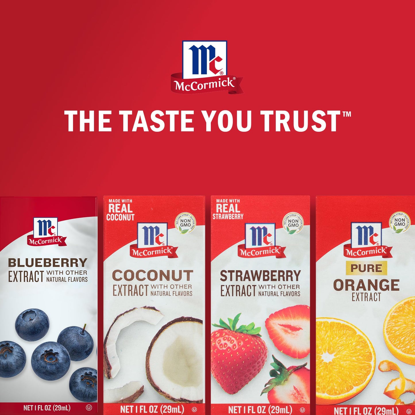 McCormick Fruity Extract Variety Pack, Includes Orange, Strawberry, Blueberry, and Coconut Flavors, For Baking, Mocktails, and M