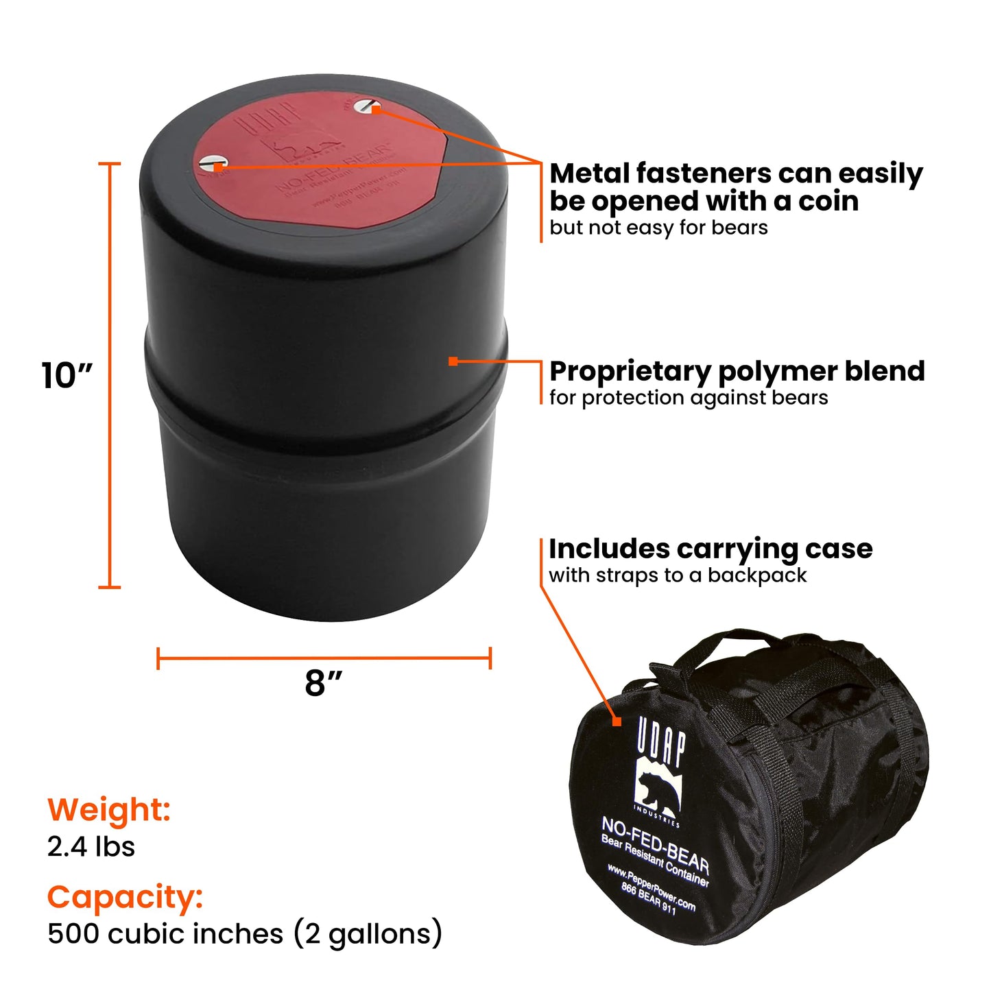 NO-FED-BEAR Bear Resistant Canister - 2 Gallons, Multi, Model BRCWC, Ideal for Hiking, Camping, Backpacking, and Hunting Food Storage