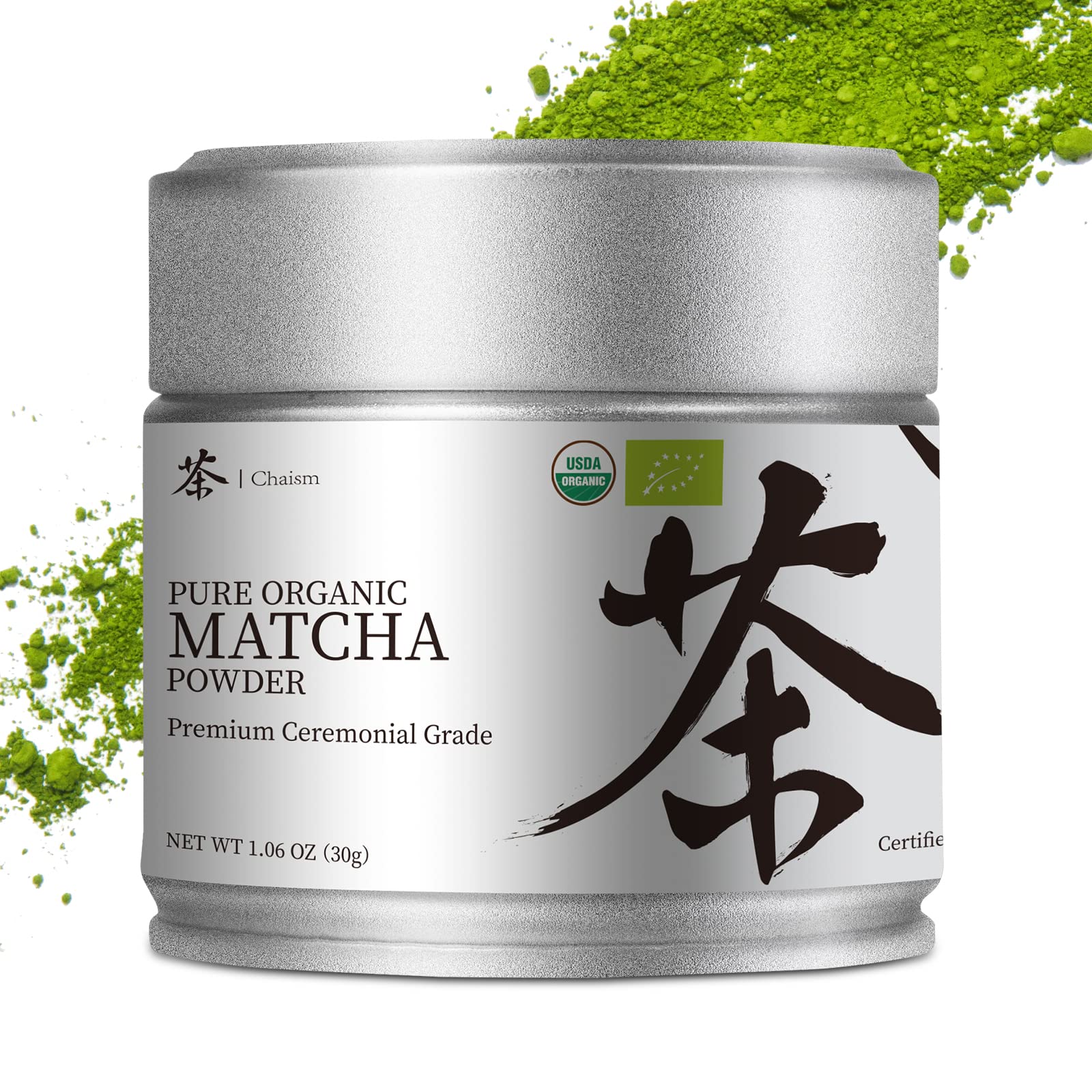 Chaism Ceremonial Grade Matcha Green Tea Powder - enhanced First Harvest USDA Organic Gluten-Free Vegan  100% Pure Unsweetened No Additives  1.06oz Tin