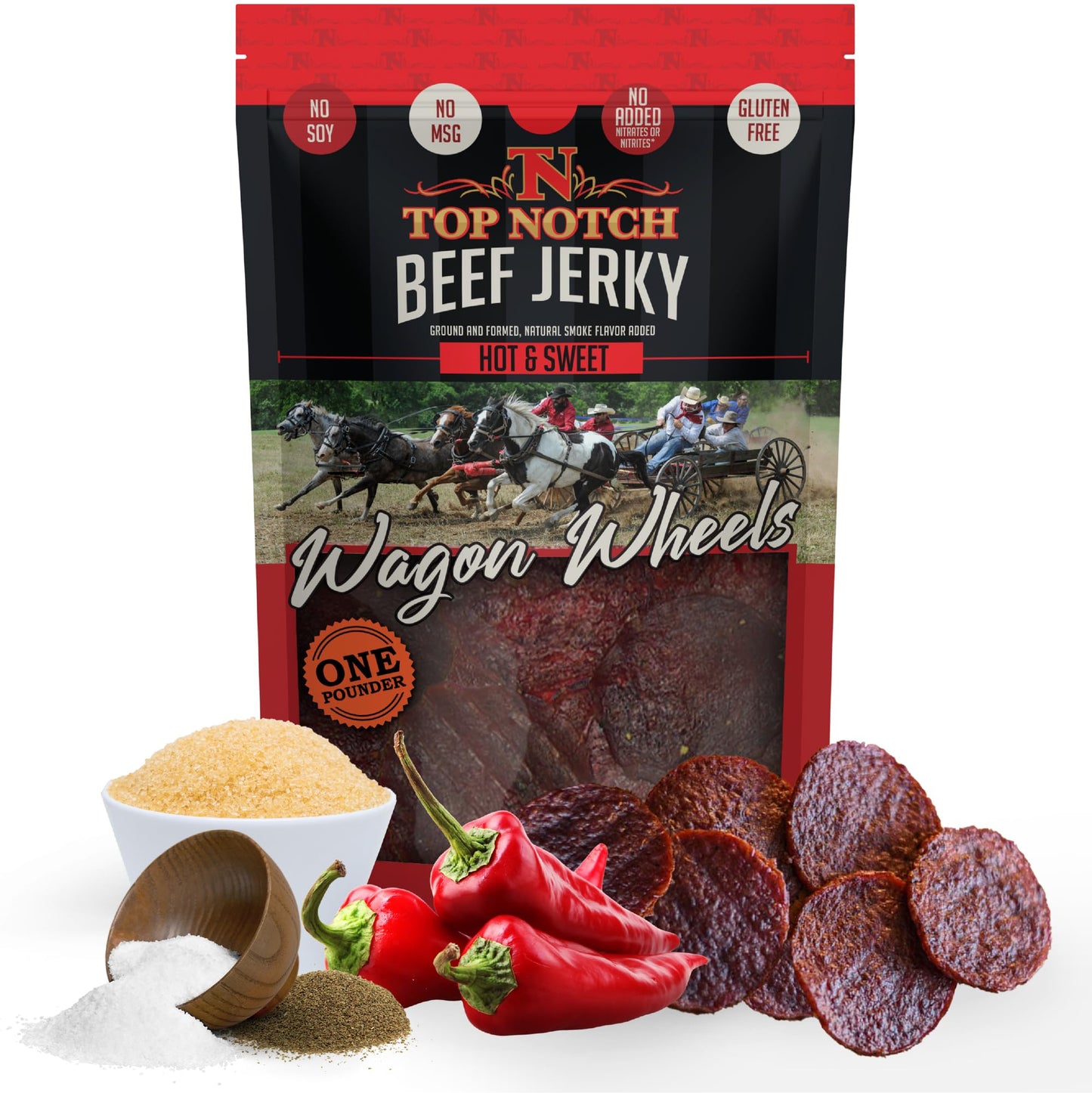 Top Notch Jerky Wagon Wheels - High Protein Beef Jerky Snacks for Kids & Adults - 16 Ounce Pack - Hot & Sweet Flavor