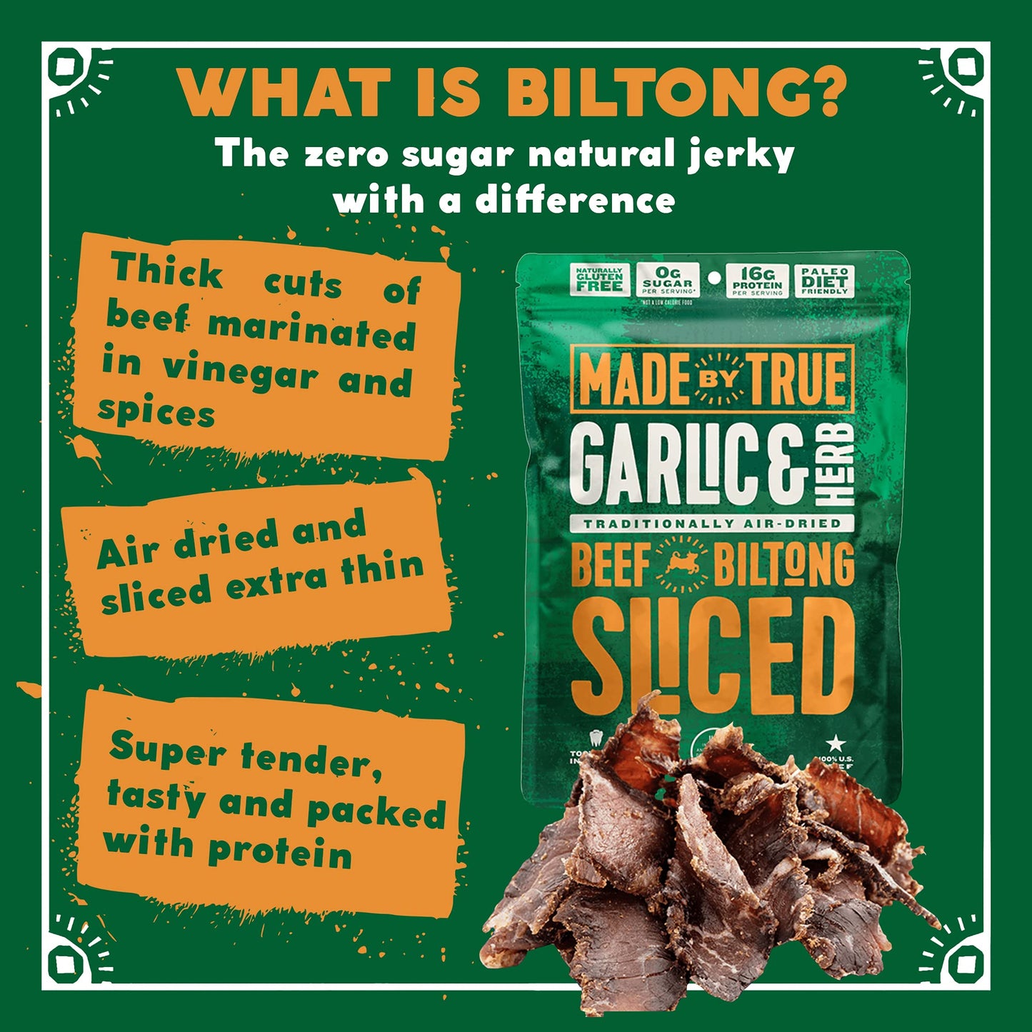 Made By True Beef Sliced Bites Garlic & Herb (2 Ounce, Pack Of 2) - All Natural, Zero-Sugar True Jerky Biltong - High Protein, K