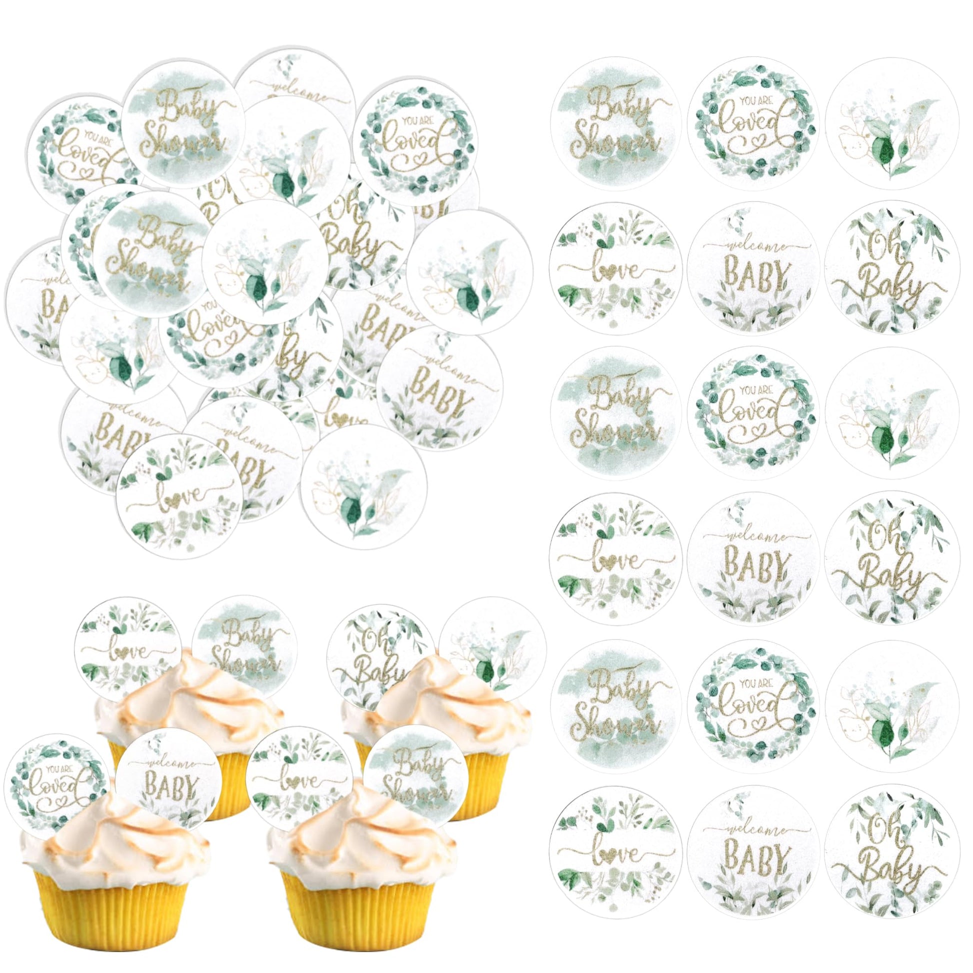 60 PCS Edible Baby Shower Cupcake Toppers Woodland Jungle Leaf Love Welcome Baby Cupcake Picks Edible Oh Baby Cake Decorations f