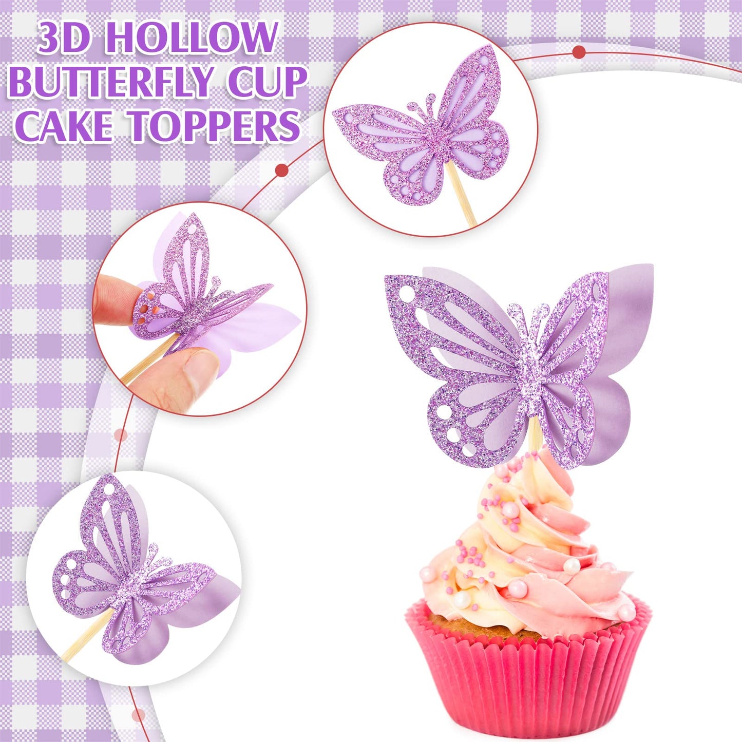 Chinco Butterfly Cupcake Toppers, 48 Pcs Double Layer, 3D Glitter, Purple, Ideal for Baby Showers, Birthdays, Weddings