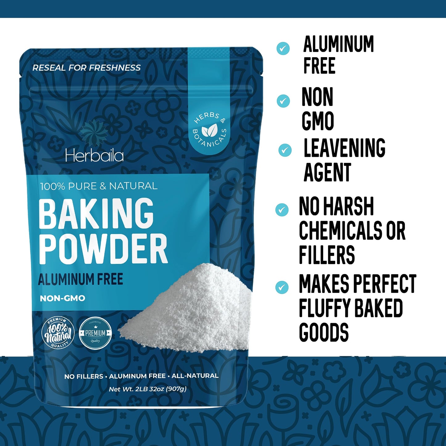 Herbaila Aluminum Free Baking Powder, 16oz Double Acting Leavening Agent, Non-GMO, Made in Canada, Perfect for Cooking and Baking