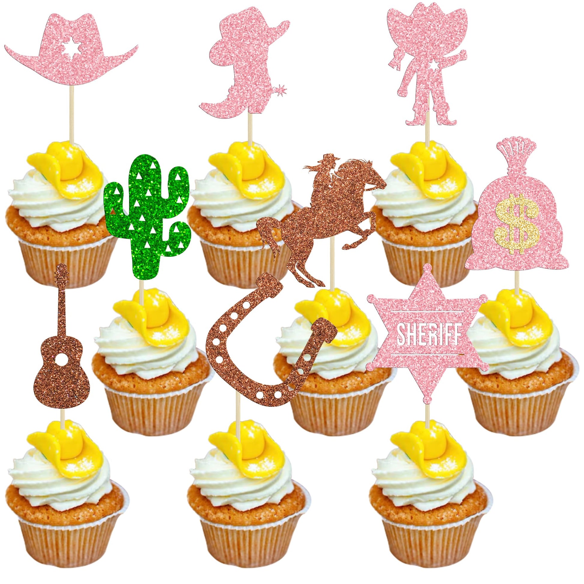 Gyufise 36Pcs Cowgirl Party Cake Cupcake Topper Pink Cowgirl Western Cupcake Toppers For Western Cowgirl Party Kids Birthday Par