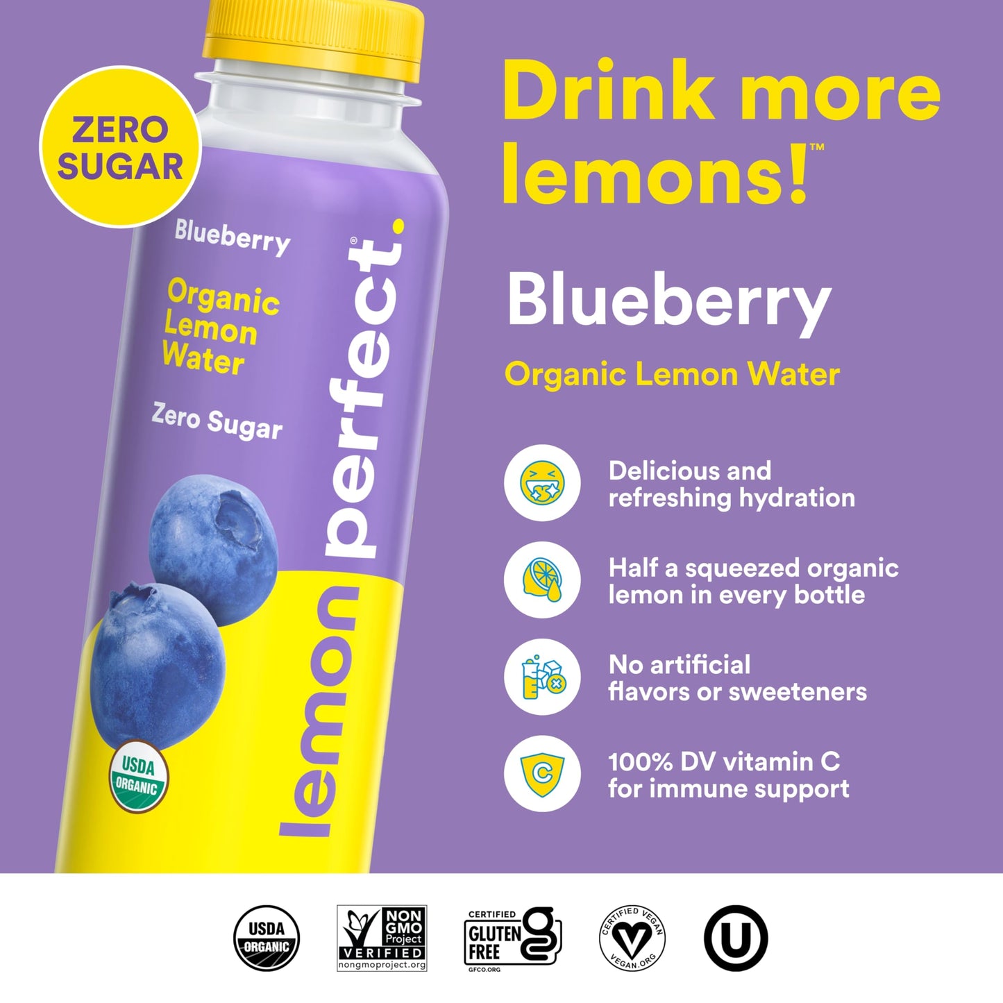 Lemon Perfect Blueberry, Hydrating Flavored Lemon Water, Zero Sugar, Delicious and Refreshing, Organic, 15.2 fl oz Bottle