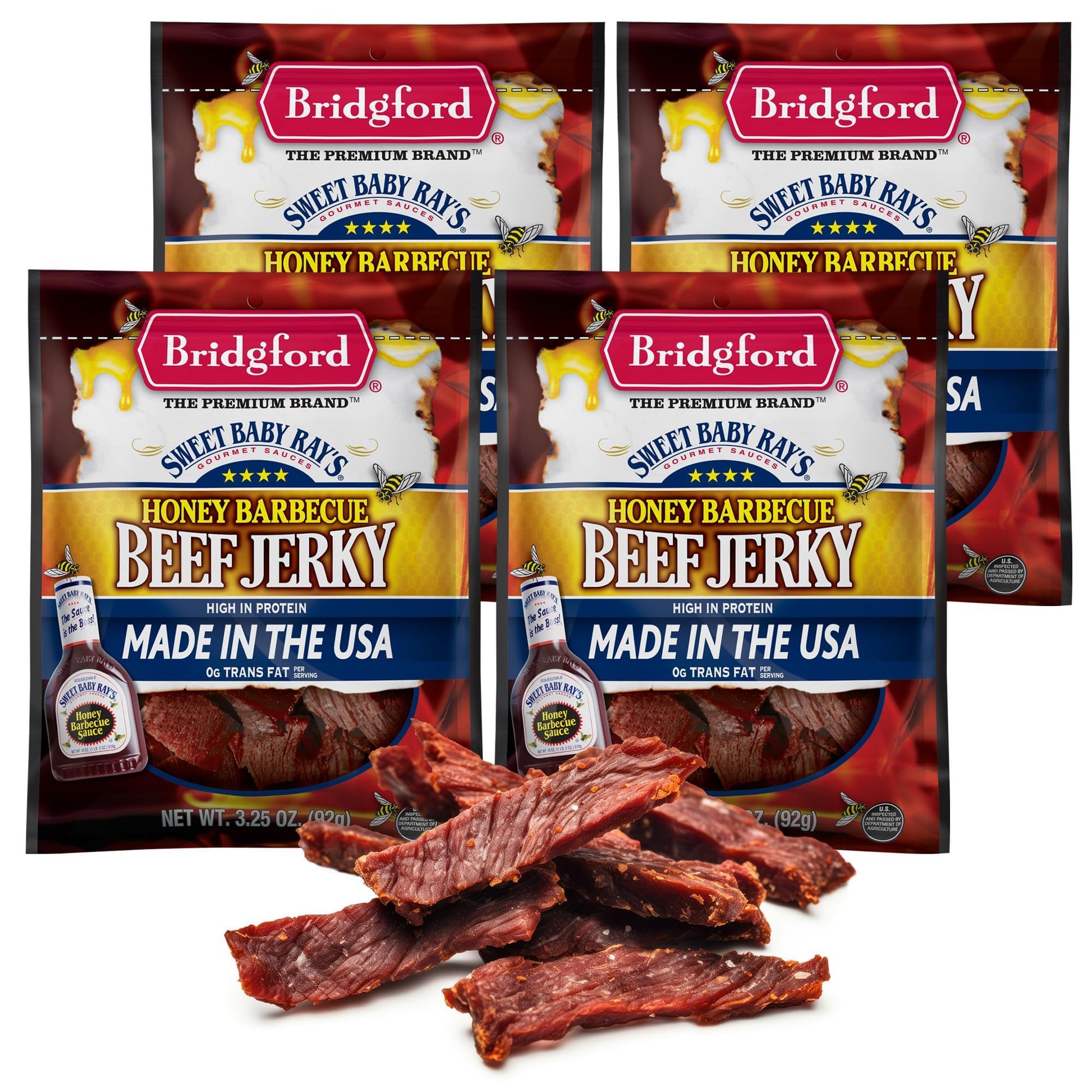 Bridgford High Protein Beef Jerky, Honey Barbecue Flavor, Low Carb, Keto Friendly, 4 Pack (3.25 Ounce Total)