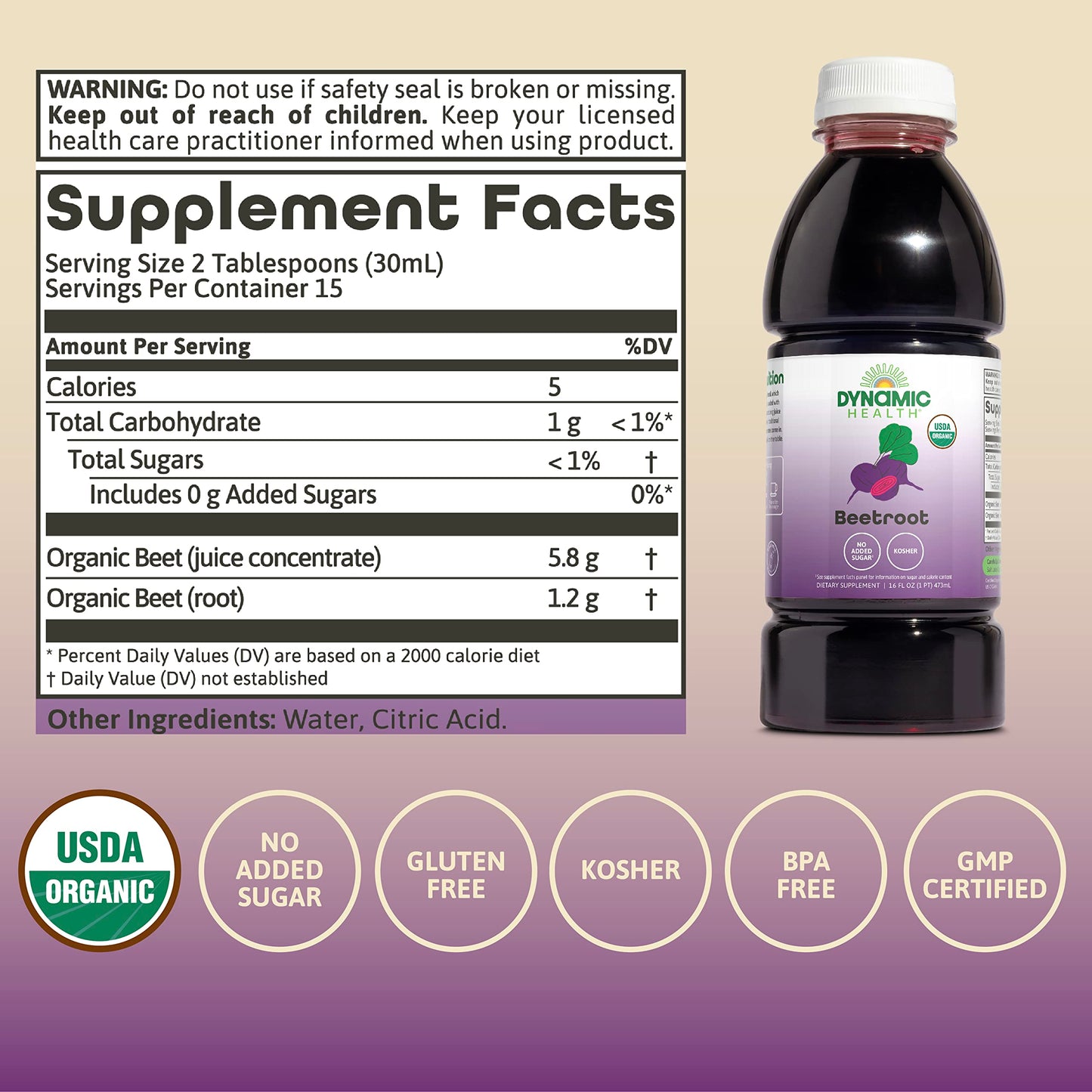 Dynamic Health Organic Beetroot Juice Concentrate, 16 oz, No Added Sugar, BPA-Free, Gluten-Free, Model 3027931