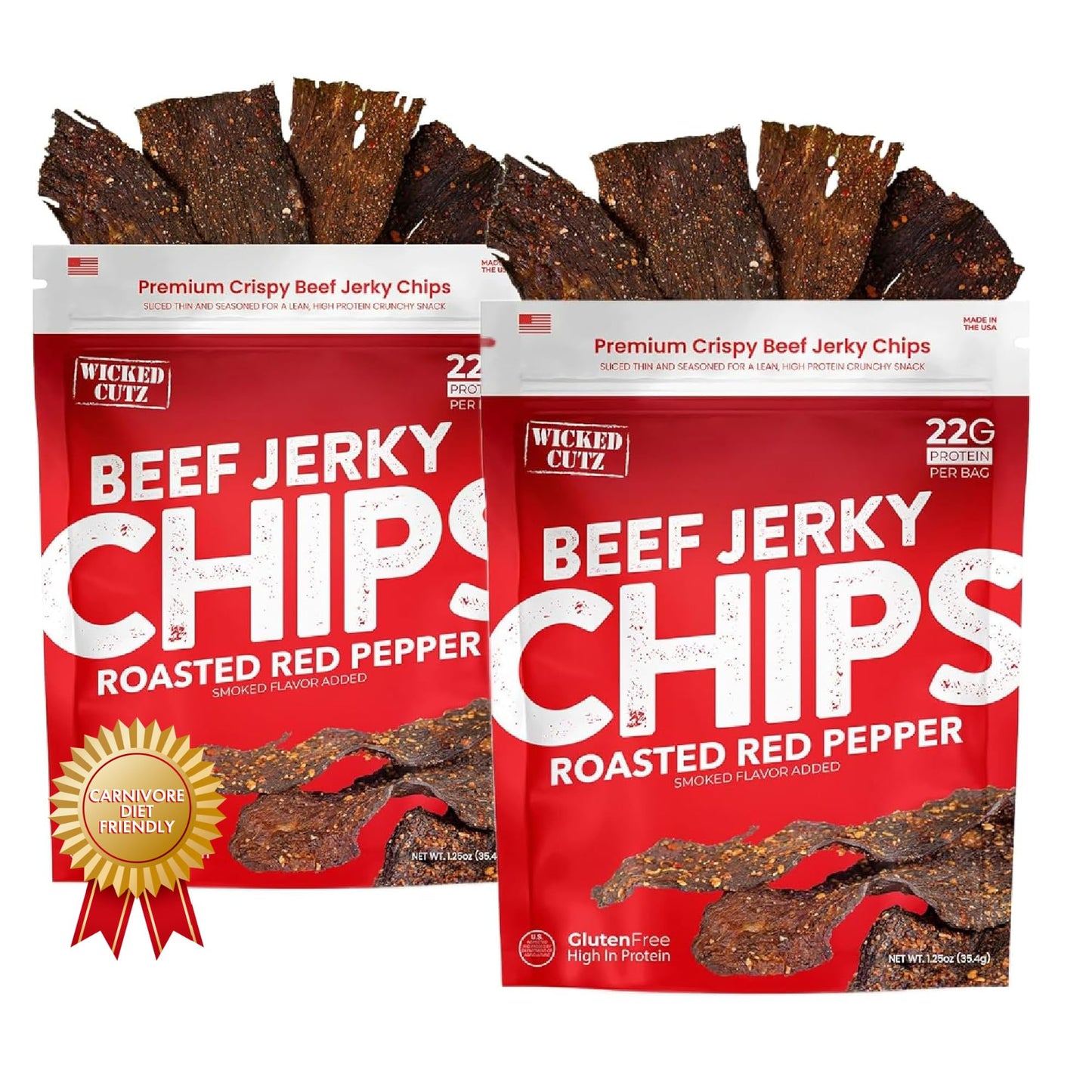 Wicked Cutz Roasted Red Pepper Beef Jerky Chips  22G Protein Per Bag  Crispy & Crunchy Beef Jerky Crisps  Usa Made Pepper Flavored Chips  High Carnivore Snacks (2 Bags)