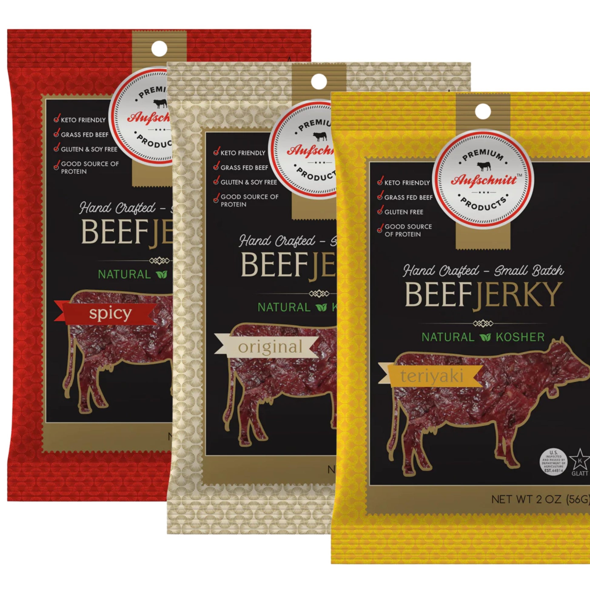 Premium Aufschnitt Beef Jerky - Grass Fed, Low Sodium, Keto Friendly - 3 Pack Variety