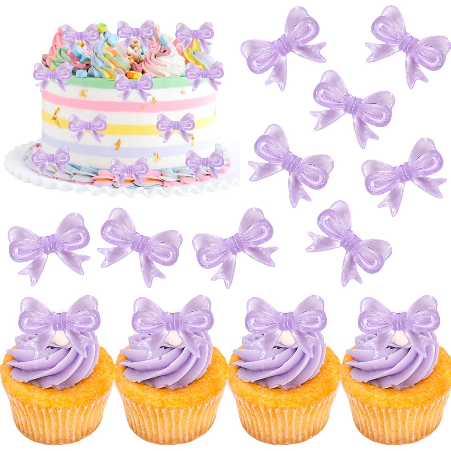 YCTHUNFISH Pink Bow Cupcake Toppers, 30 Pack Acrylic Picks for Weddings & Parties, Purple