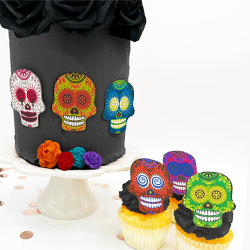 Sugar Robot Inc. Large Edible Sugar Skulls Set of 12 - Wafer Cake Toppers - 2.5 inches - Assorted Colors for Halloween & Dia De Los Muertos