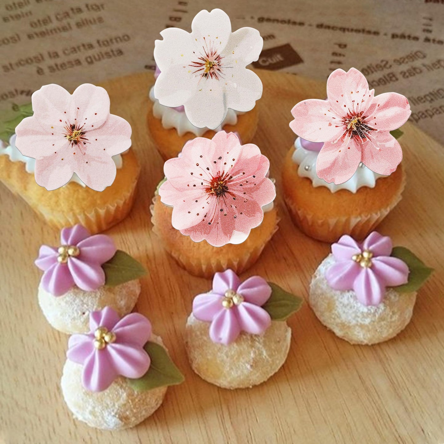 ZHUOWEISM 40 PCS Edible Cherry Blossoms Cupcake Toppers Wafer Paper Flowers for Kids Birthday Party Decorations Design 1