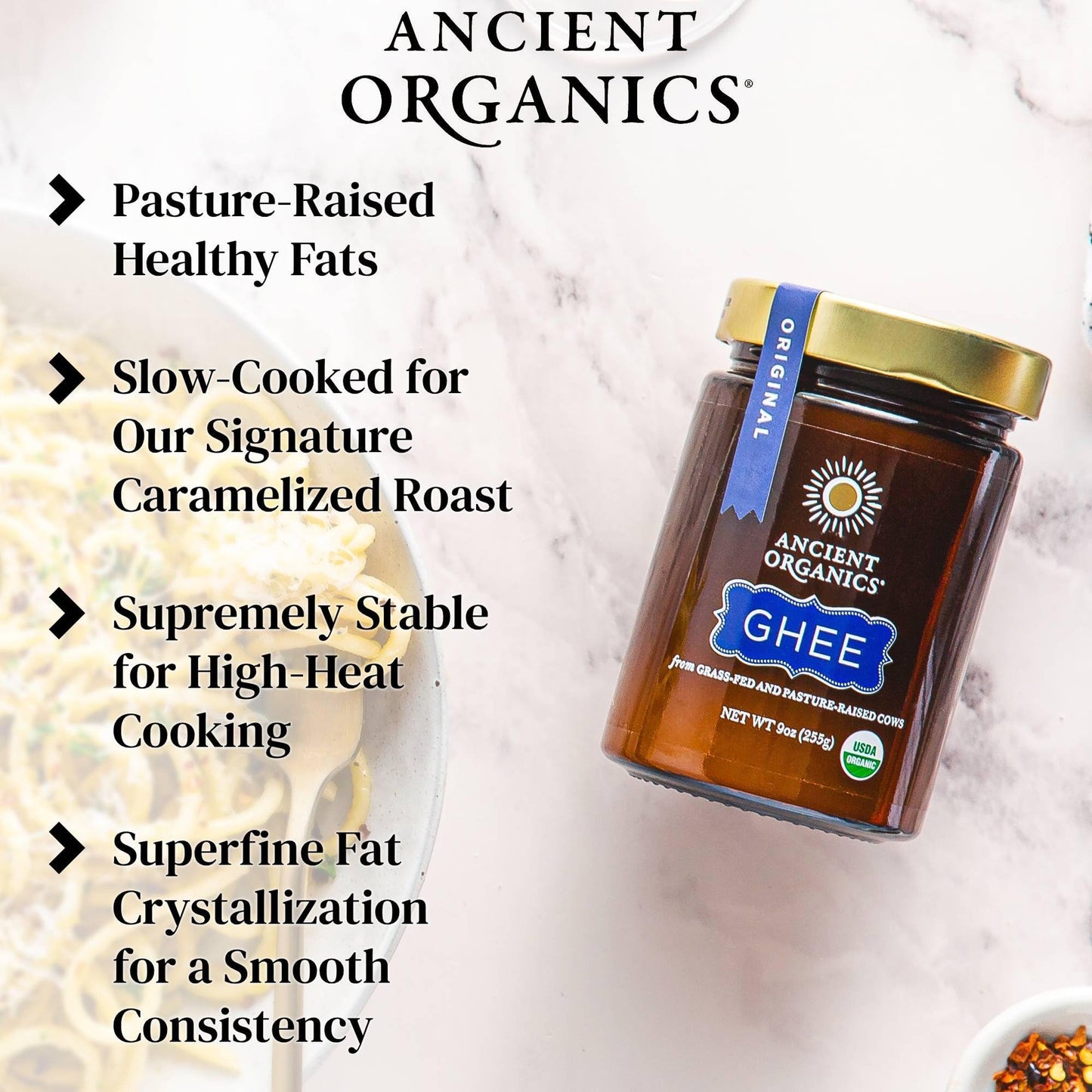 Ancient Organics Ghee - Organic Grass Fed Clarified Butter, Gluten Free, Lactose Reduced, 9 Oz