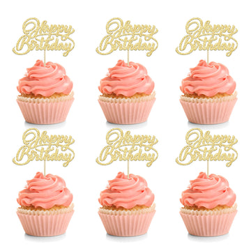 24Pcs Happy Birthday Cupcake Toppers Gold Glitter Birthday Cupcake Food Picks For Celebrating Happy Birthday Party Cake Decorati