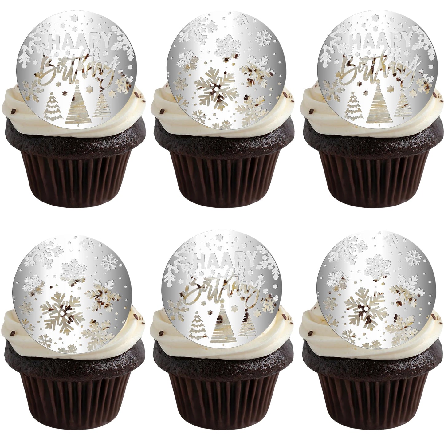 Gyufise 24Pcs Mirror Acrylic Snowflake Cupcake Toppers Acrylic Engpartyd Cake Picks Cupcake Disc Happy Birthday Cake Decoration Circle Round Shape Diy Party Supplies Silver
