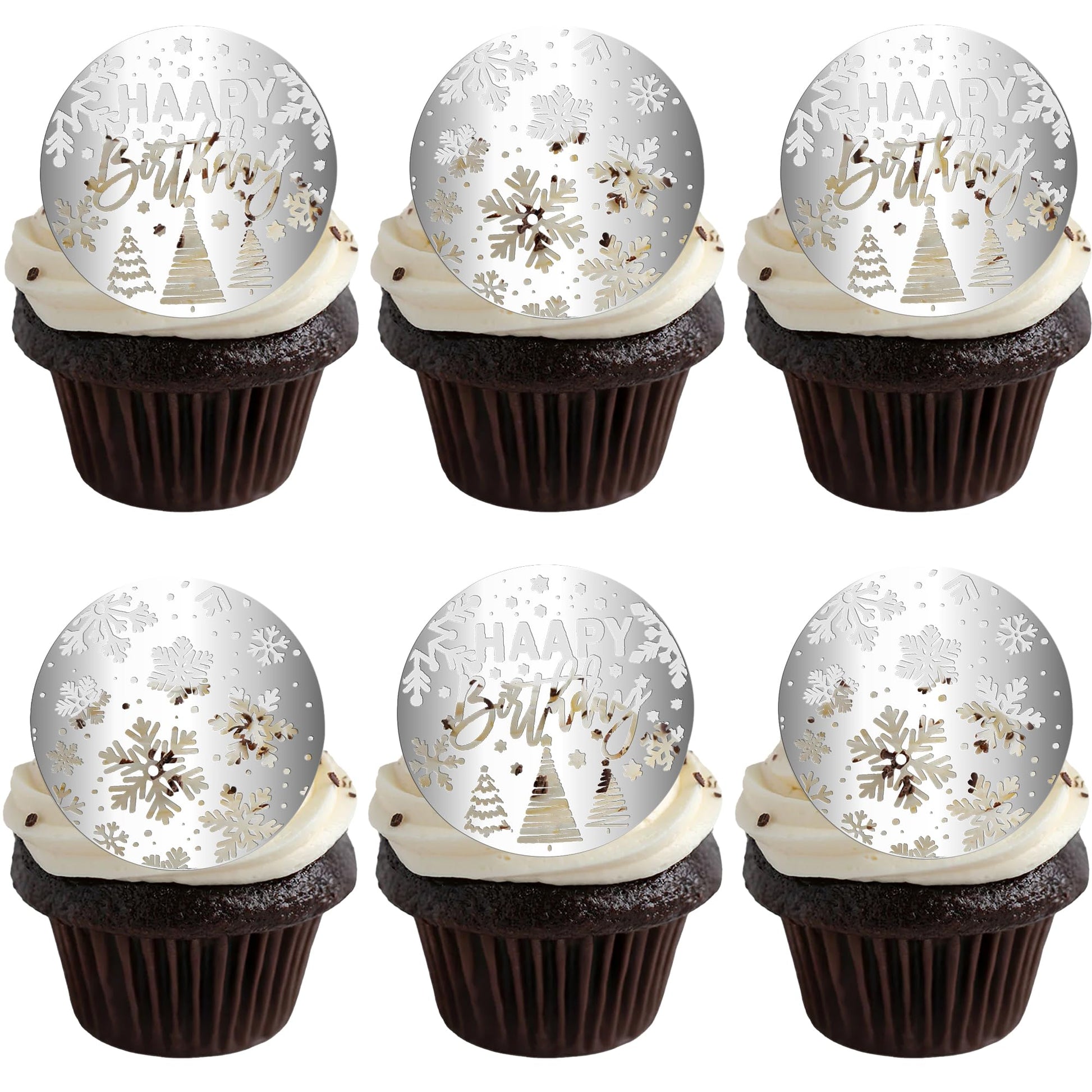 Gyufise 24Pcs Mirror Acrylic Snowflake Cupcake Toppers Acrylic Engpartyd Cake Picks Cupcake Disc Happy Birthday Cake Decoration Circle Round Shape Diy Party Supplies Silver