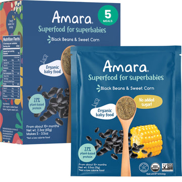 Amara Organic Baby Food - Stage 3 - Black Bean & Sweet Corn - Baby Cereal To Mix With Breastmilk, Water Or Baby Formula - Shelf 