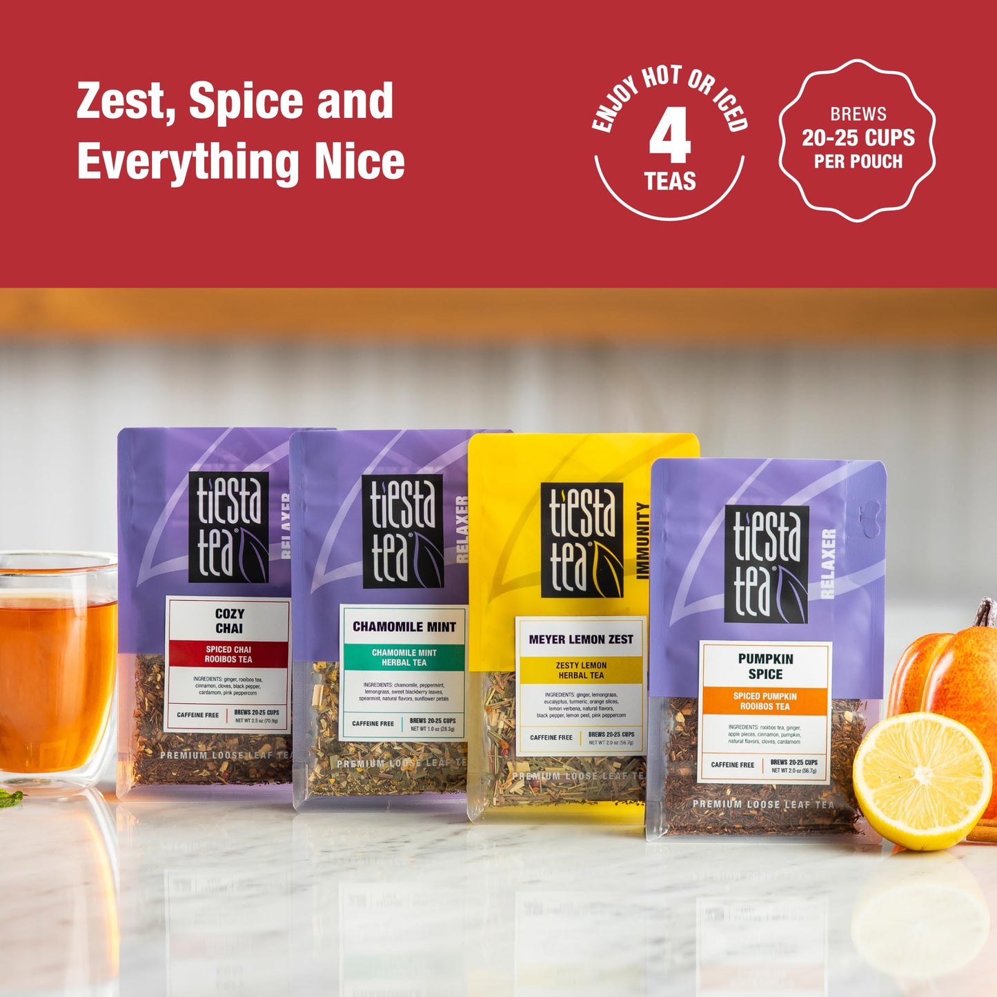 Tiesta Tea - 4 Autumnal Blends | Enhanced Loose Leaf Tea Blend | Non-Caffeinated Tea | Make Hot Or Iced | Pouch Of Pumpkin Spice, Cozy Chai, Chamomile Mint, Meyer Lemon Zest - Pack Of 4